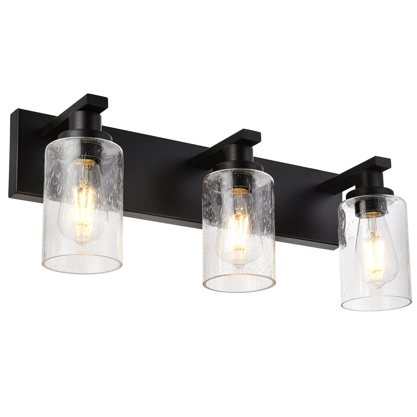 3-Lights Black Bathroom Vanity Light Fixture with Seeded Glass Cylinders - Perfect for Mirror Lighting, Bathroom Wall Sconce, and Modern Home Decor