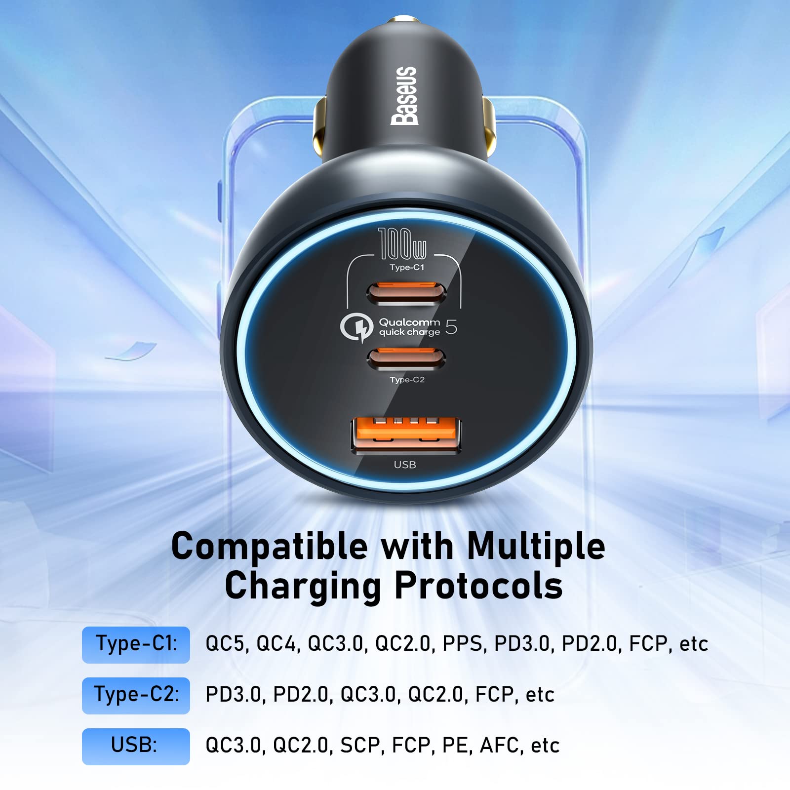 Baseus 160W USB C Car Charger with QC5.0 & PD3.0 - 3 Port Super Fast Charging Adapter for iPhone 15/14/13 Pro, Samsung S22, iPad & MacBook Pro - Perfect for Road Trips & Daily Commute