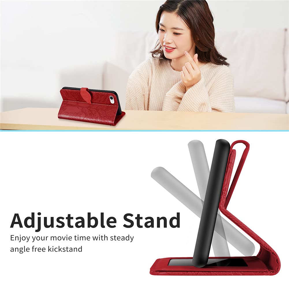 Premium Leather Wallet Case for iPhone SE 2020/8/7 - Magnetic Card Holder with Kickstand & Wrist Strap | Shockproof Flip Cover for Everyday Protection (Life Tree Red) | Perfect for Work, Travel & Outdoor Activities