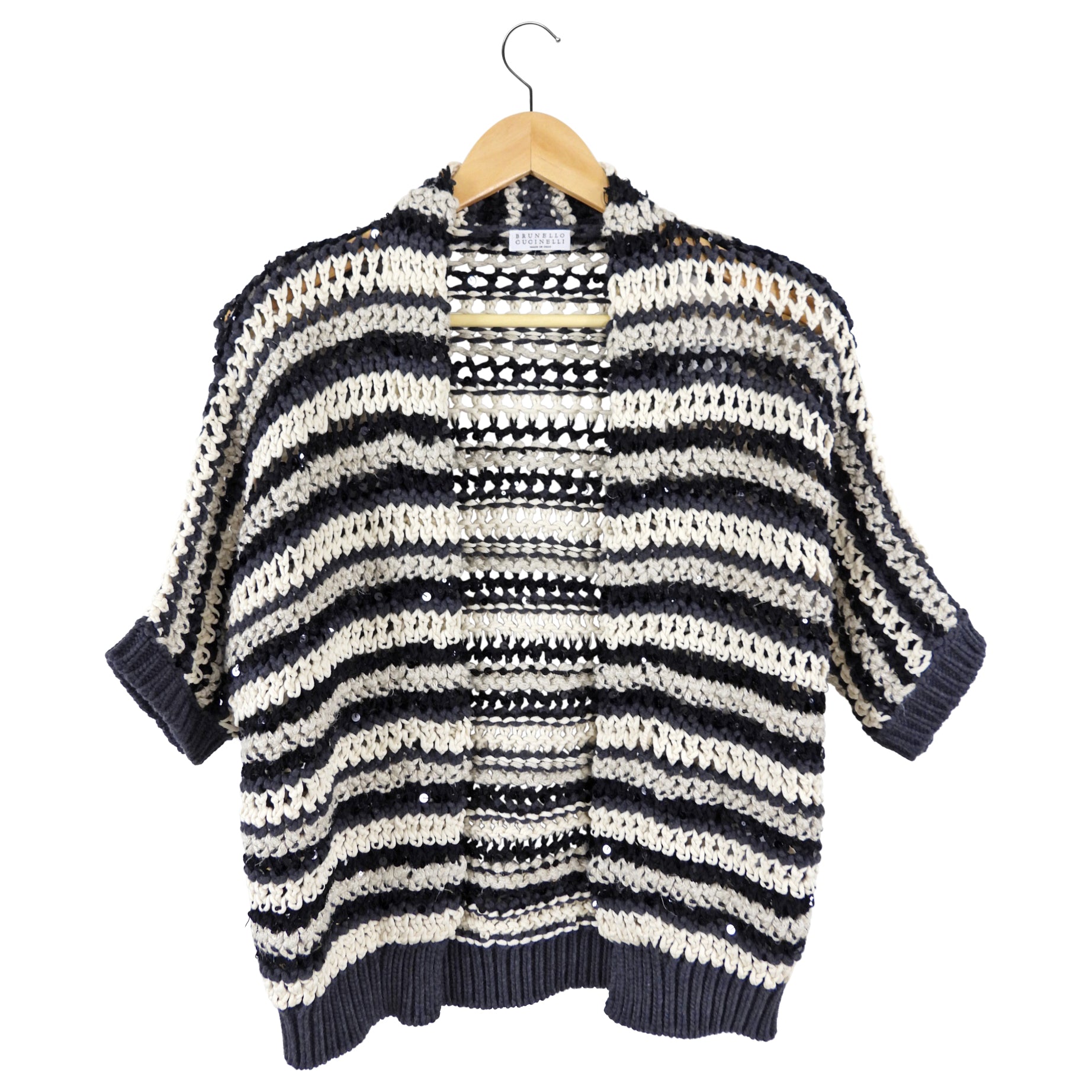 Brunello Cucinelli Women's Short Sleeve Sequin Knit Stripe Cardigan Sweater - XXS Petite for Casual Wear & Evening Outfits