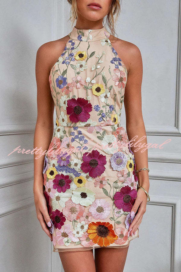 Floral Applique Halter Mini Dress - Elegant Summer Party Dress for Women | Perfect for Weddings, Beach Vacations & Date Nights