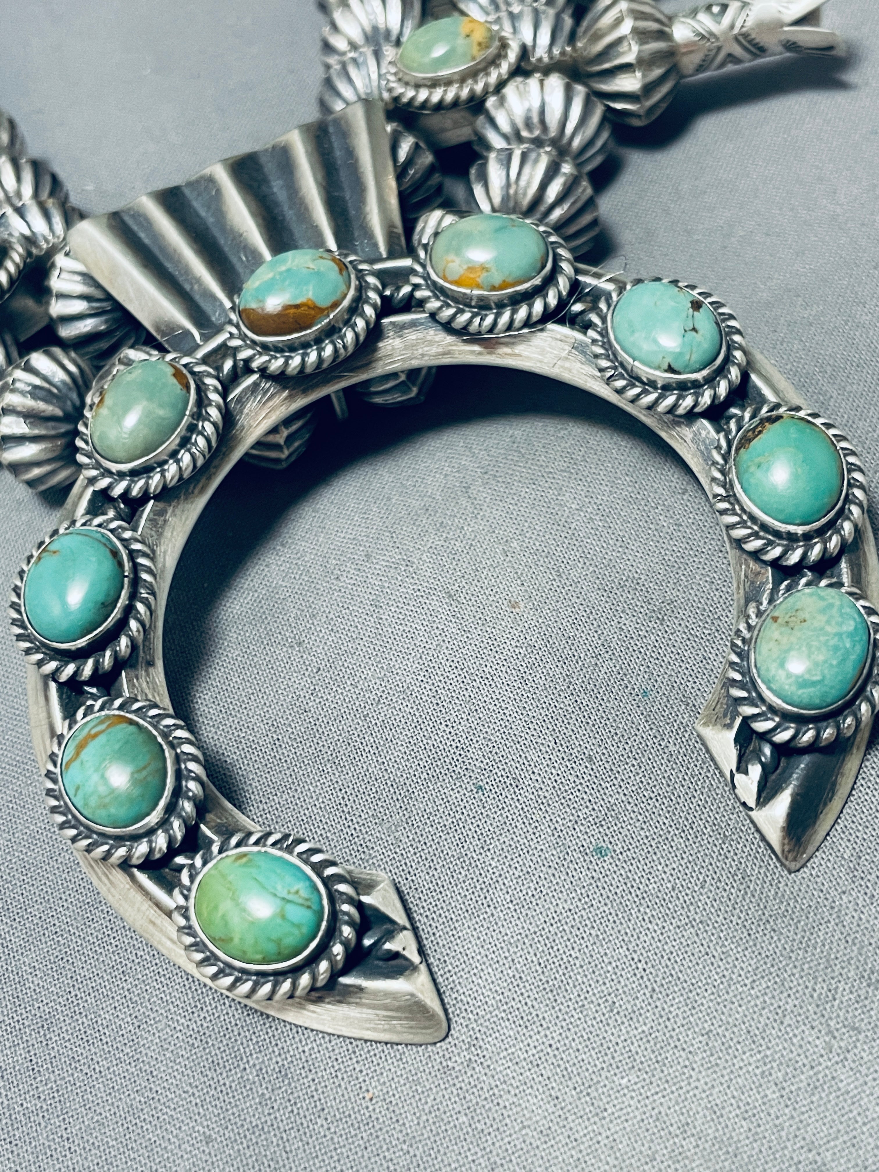Authentic Navajo Sterling Silver Squash Blossom Necklace with 360g Green Turquoise - Perfect for Boho Fashion, Native American Jewelry Collectors & Special Occasion Gifts
