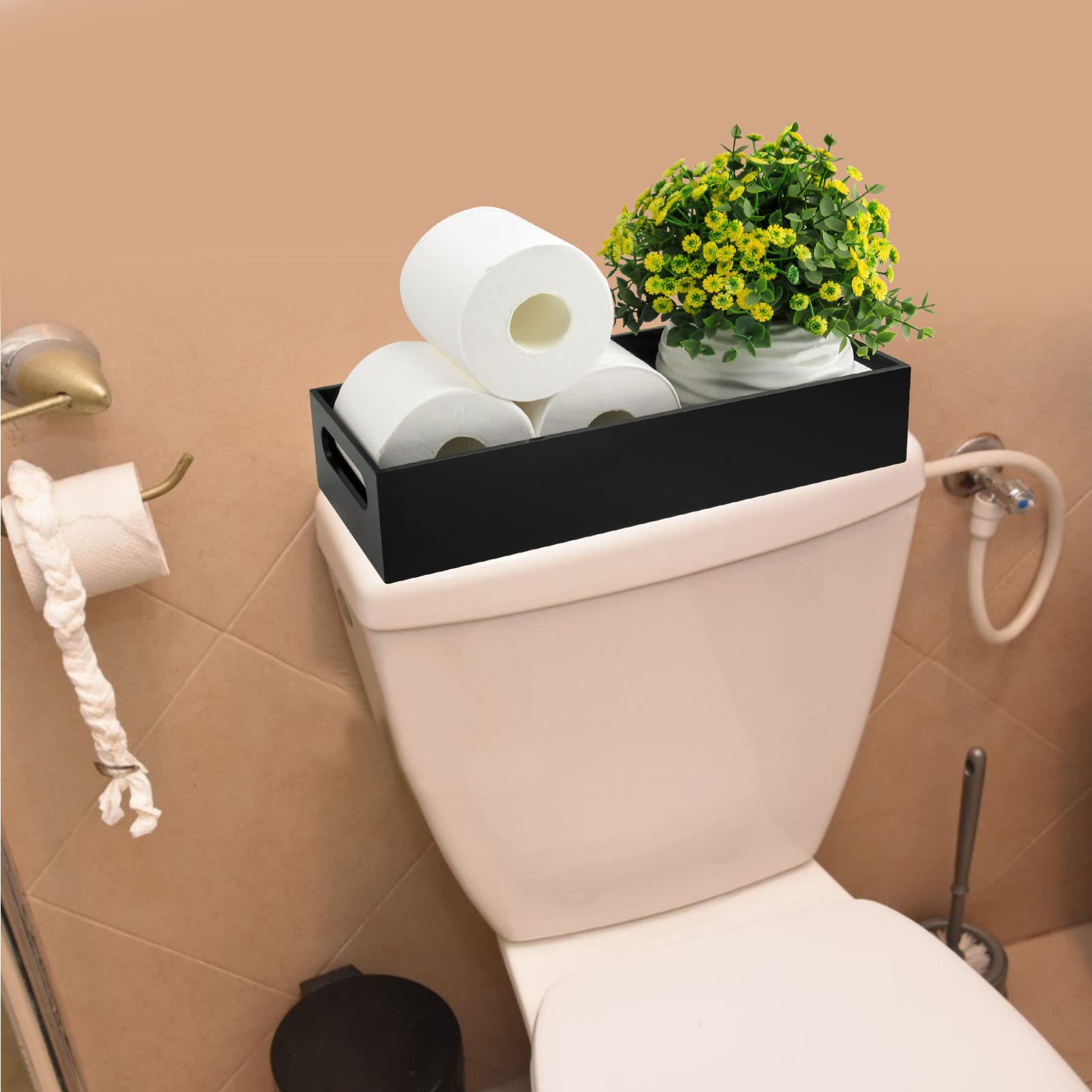 Tasybox Acrylic Toilet Paper Holder with Storage - Black Bathroom Vanity Tray with Handles, Toilet Tank Organizer for Home Decor | Perfect for Small Bathrooms & Space-Saving Storage Solutions