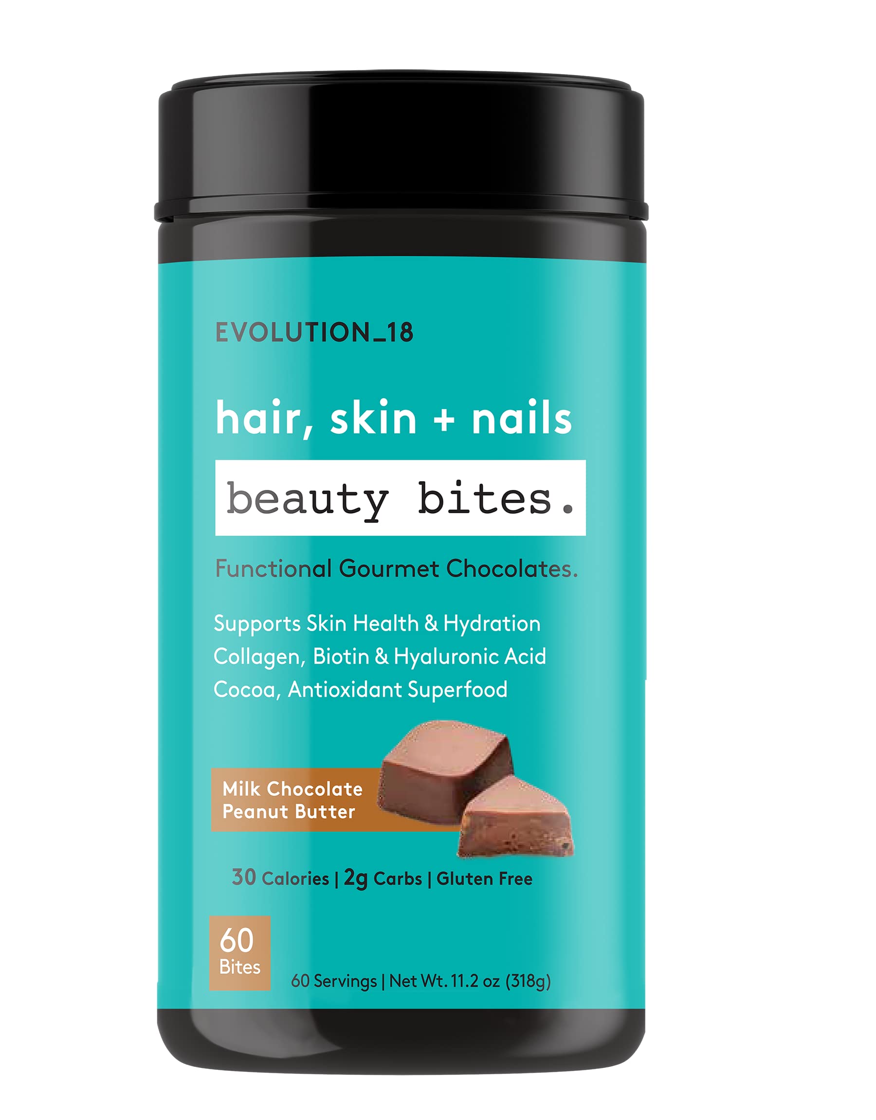 EVOLUTION 18 Beauty Bites Milk Chocolate Peanut Butter - Collagen Peptides, Biotin & Hyaluronic Acid for Skin Health & Hydration - 60 Bites (60 Servings) - Perfect for On-the-Go Snacking & Beauty Supplement