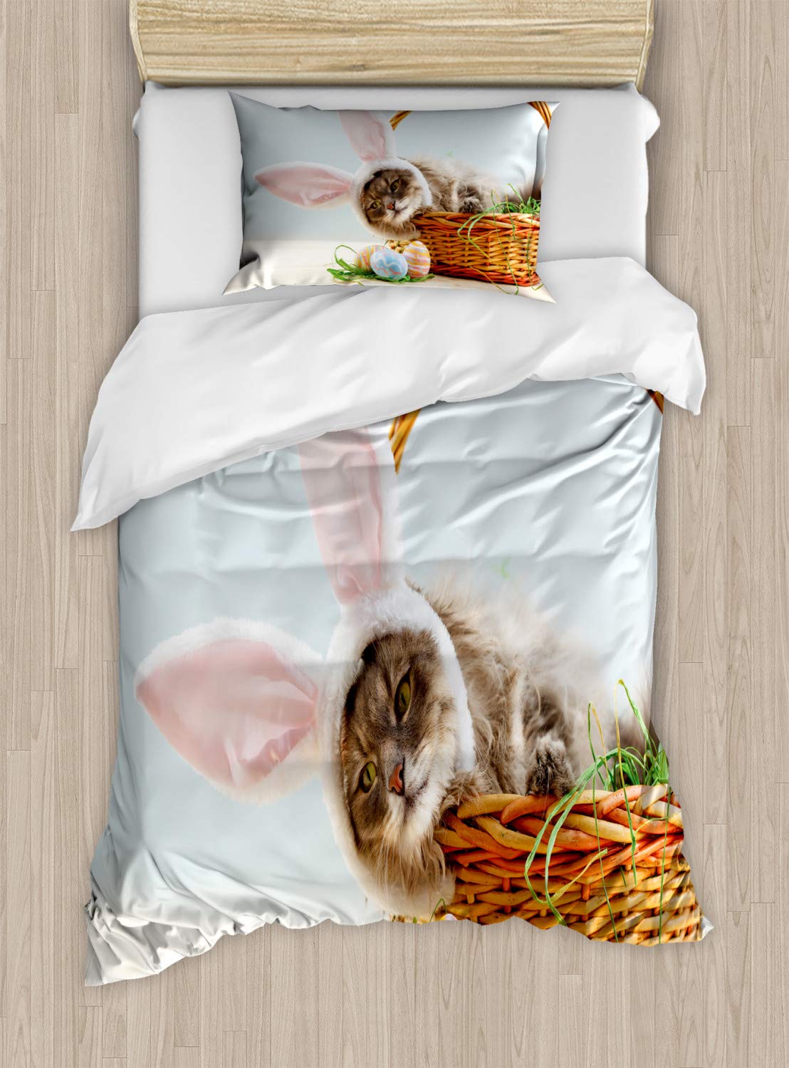 Ambesonne Easter Bunny Duvet Cover Set - Fluffy Cat with Pink Rabbit Ears in Easter Basket with Dyed Eggs - 2 Piece Bedding Set with Pillow Sham - Twin Size Multicolor - Perfect for Easter Decorations, Spring Bedroom Refresh & Holiday Gift Giving