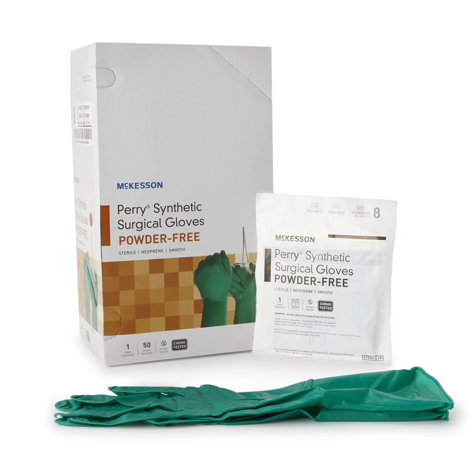McKesson Perry Synthetic Surgical Gloves [50 Pairs] - Sterile, Powder-Free Neoprene Gloves for Medical & Healthcare Professionals | Chemo Tested, Size 8.0, Green | Ideal for Surgery, Dental Work & Laboratory Use