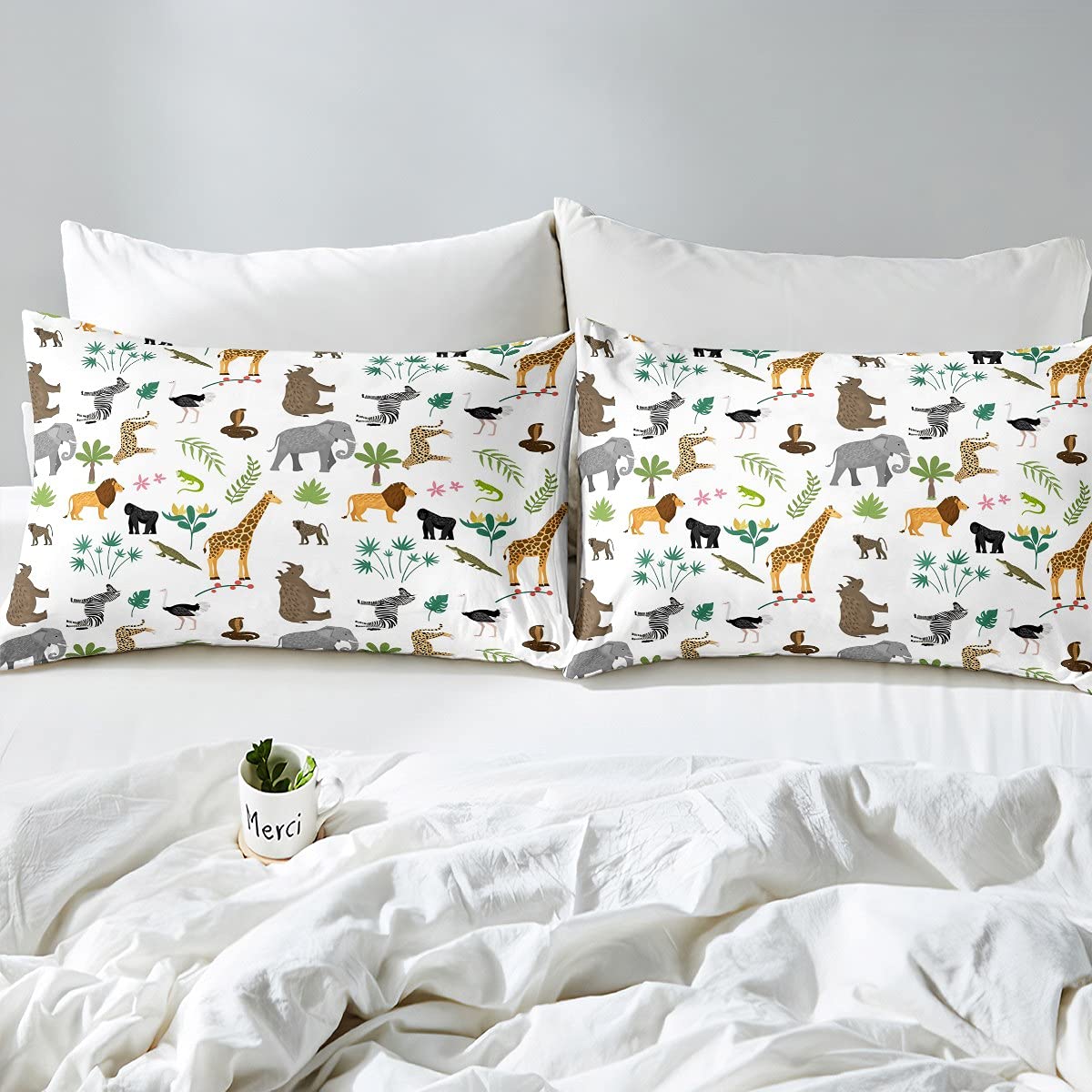 Erosebridal Leopard Print Comforter Cover Set - Lion, Elephant, Ostrich Jungle Theme Duvet Cover for Kids, Boys & Teens - Twin Size Wild Animal Bedding with Palm Leaves Design - Perfect for Jungle-Themed Bedrooms & Adventure Room Decor