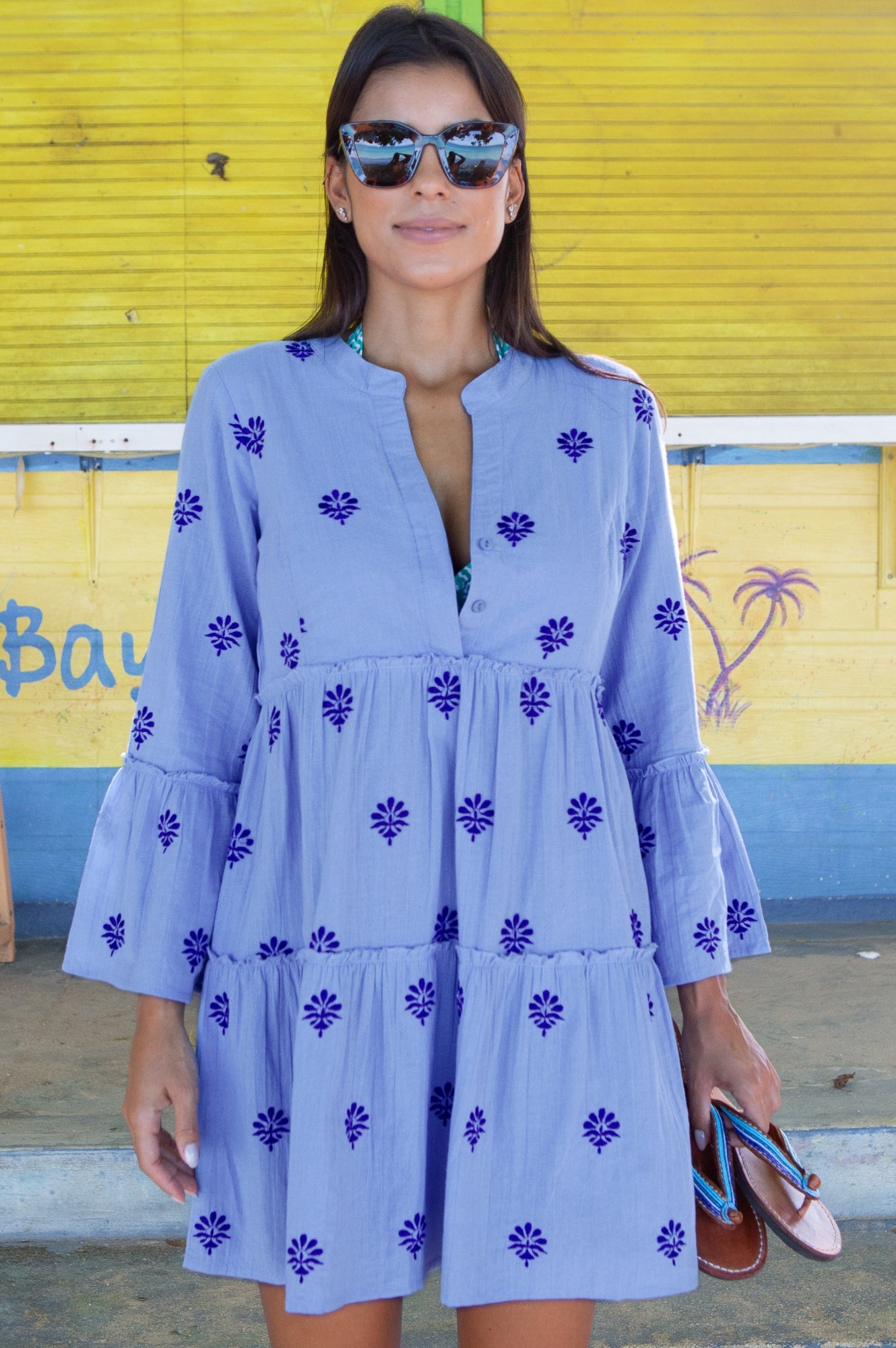 Elegant Cristina Embroidered Kaftan Dress - Blue & Cobalt Floral Design | Perfect for Beach Cover-Up, Resort Wear & Summer Vacation Outfits