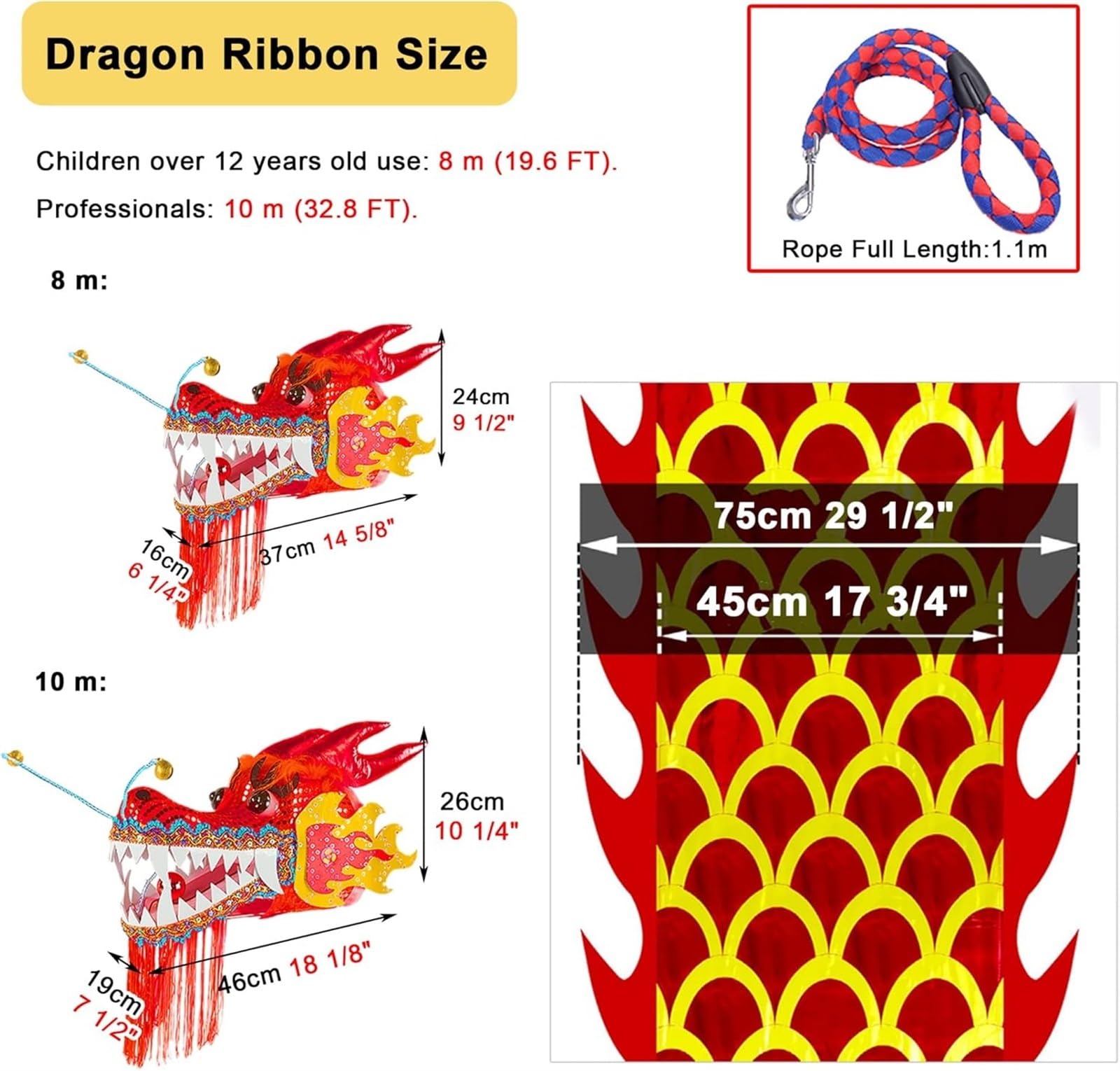 3D Dragon Ribbon Streamer - Washable Silk Dance Ribbon for Gymnastics, Cheerleading & Outdoor Games - 8m/10m Long Spinning Ribbon Dancer - Perfect for Performances, Practice & Kids Play