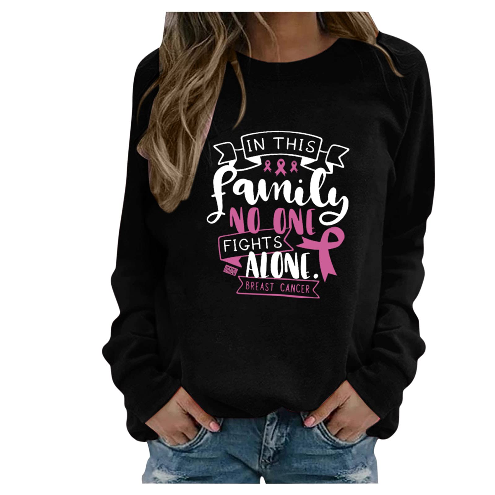 Mikilon Women's Crewneck Sweatshirt - Pink Ribbon Breast Cancer Awareness 