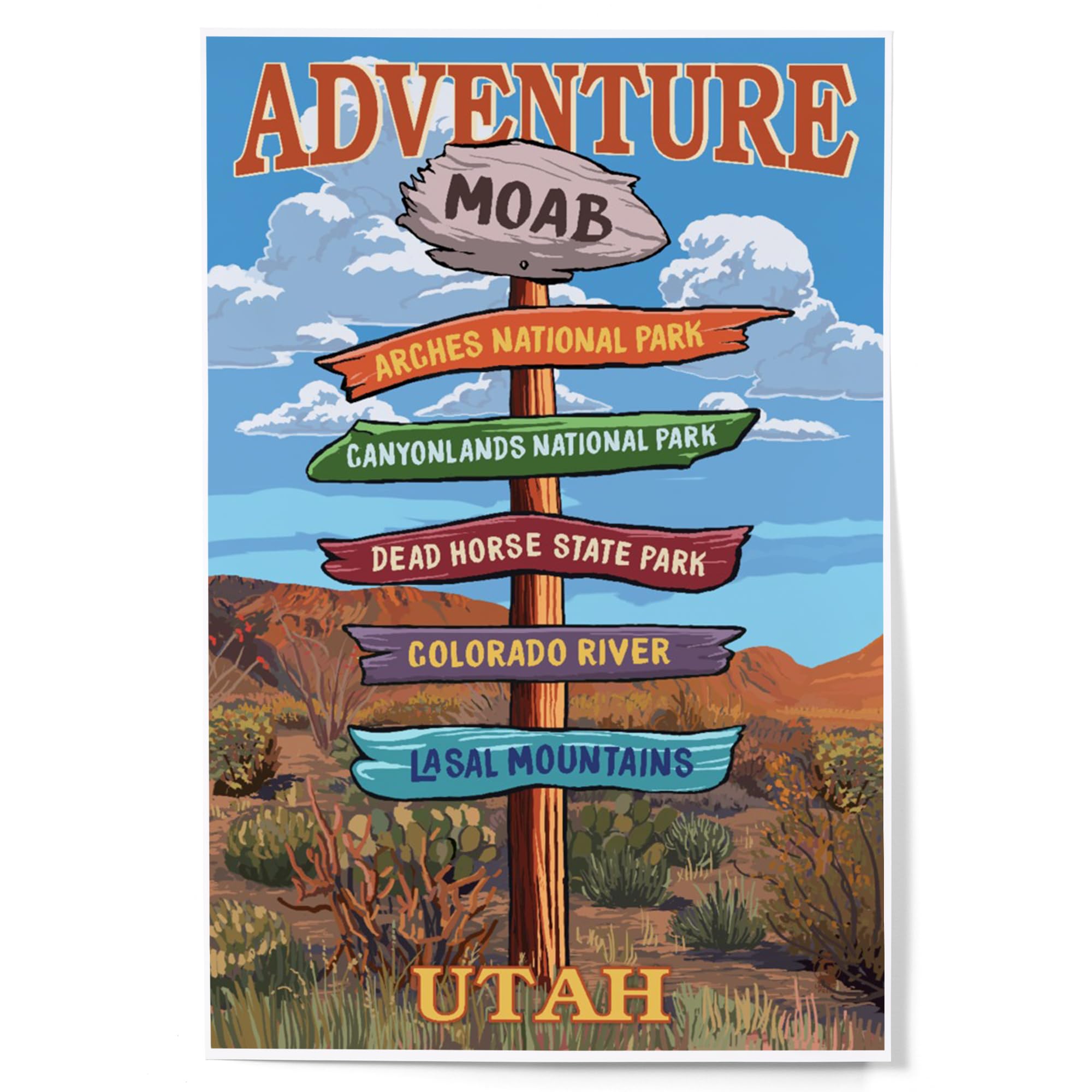Lantern Press 12x18 Inch Moab Utah Landscape Art Print - Vintage Destination Signpost Wall Decor for Living Room, Bedroom & Office