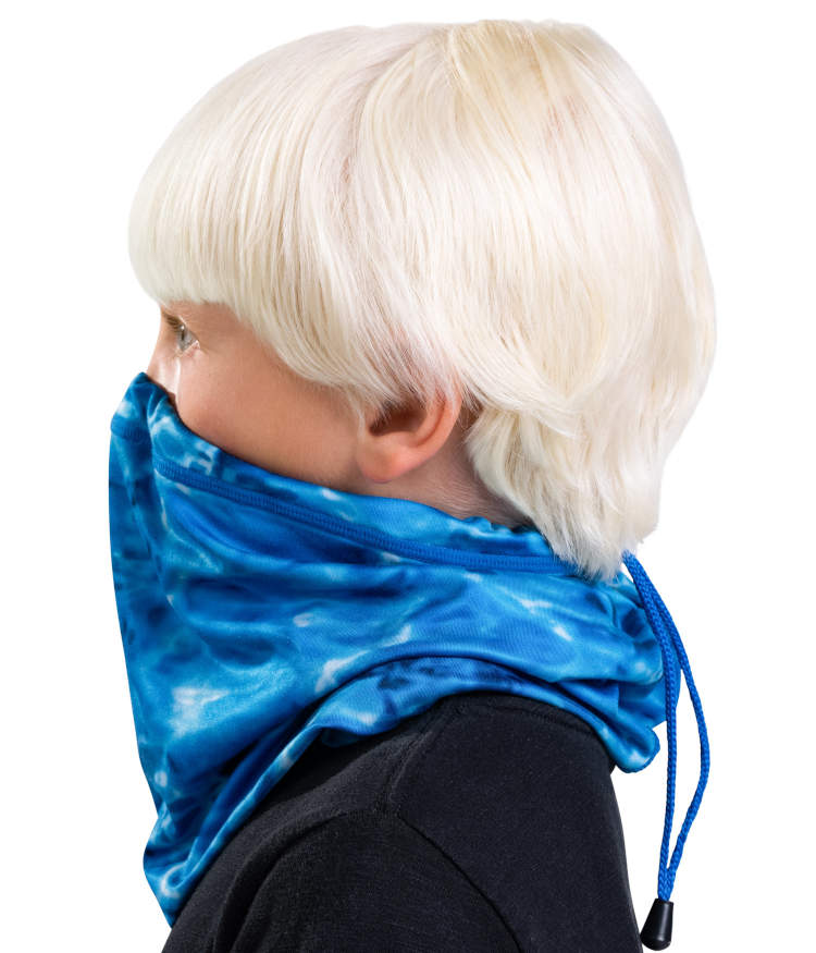 UPF 50+ Kids Adjustable Fleece Neck Gaiter Face Mask with Drawstring - Aqua Design for Outdoor Sports & Winter Protection