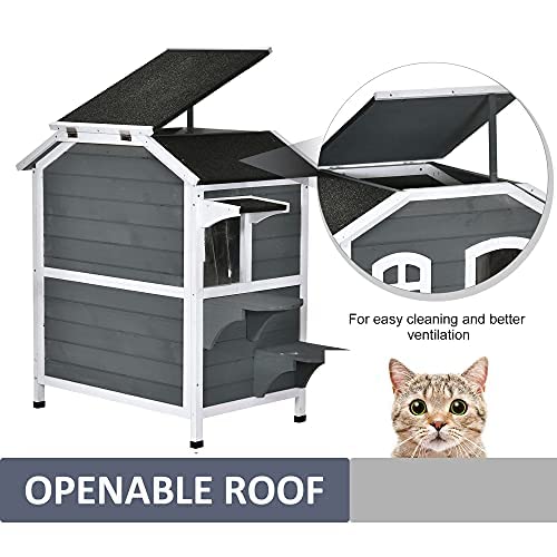 PawHut 2-Story Weatherproof Outdoor Cat House with Escape Door, Openable Roof & Jumping Platforms - Durable Wooden Shelter for Feral & Outdoor Cats - Perfect for Backyard, Garden or Patio Use