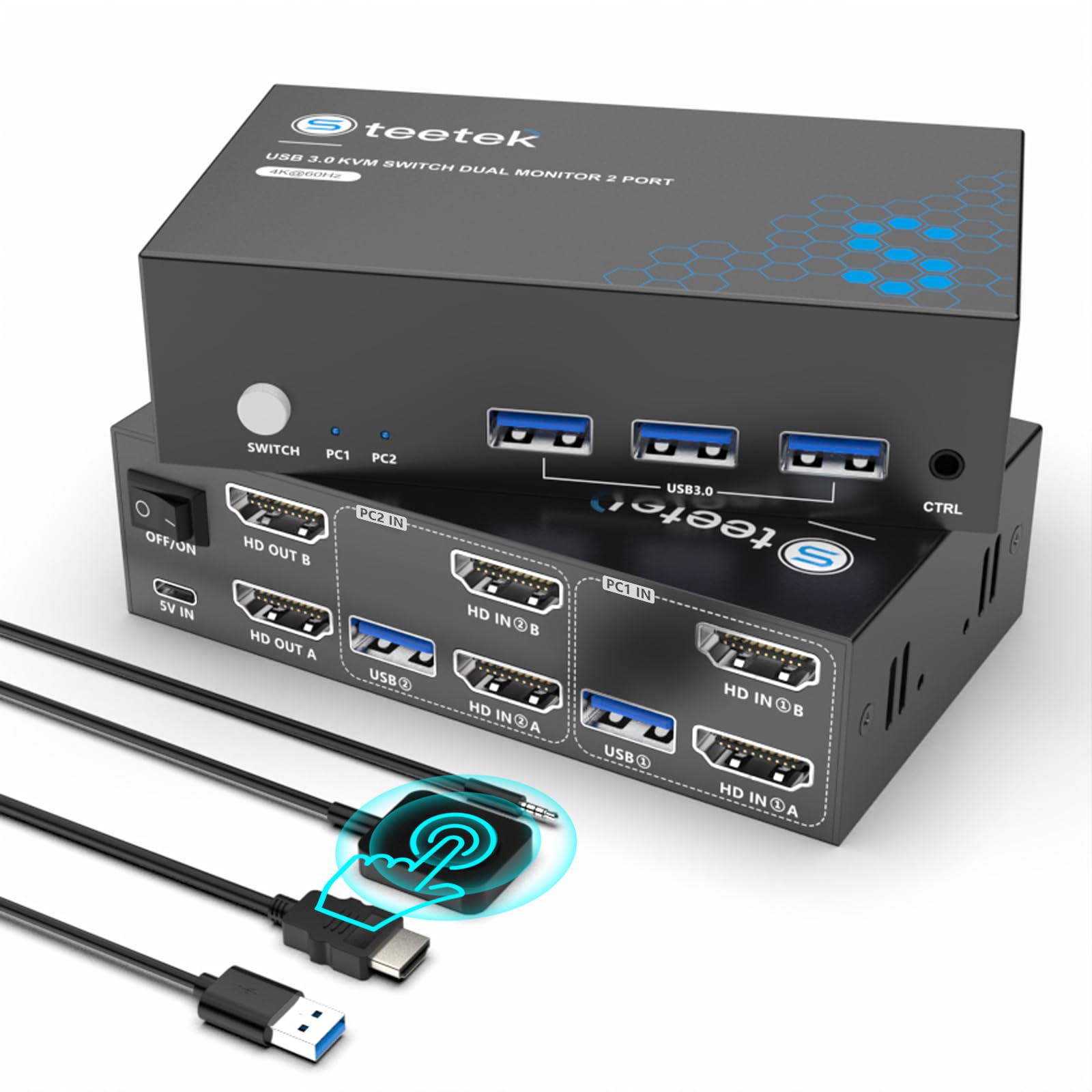 4K@60Hz USB 3.0 HDMI KVM Switch for 2 Computers 2 Monitors - Dual Monitor Keyboard Mouse Printer Sharing with EDID Adaptive, Includes 2 USB Cables & Controller - Perfect for Home Office, Gaming Setup & Multi-Device Workstations