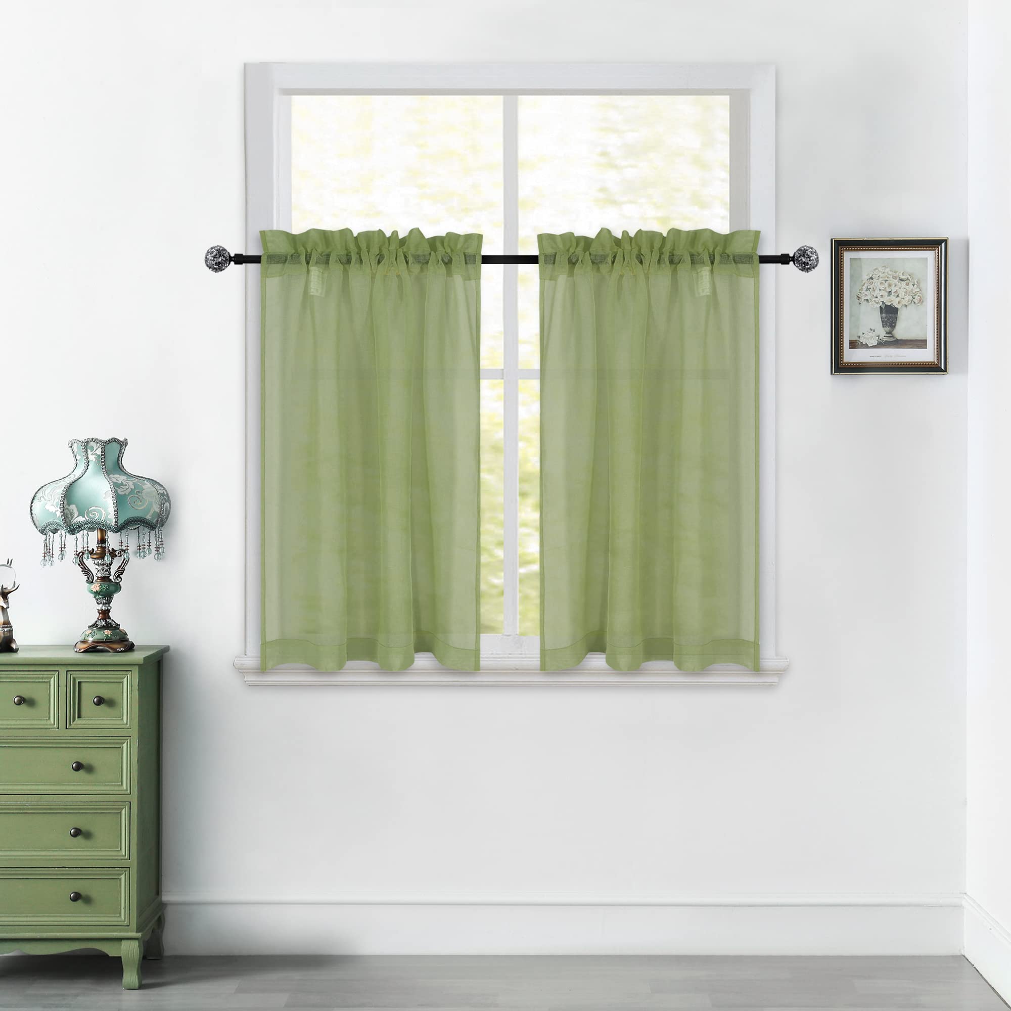 Dualife Sage Green Sheer Kitchen Curtains 36 Inch - Short Tier Window Drapes with Rod Pocket, Linen-Look Semi-Sheer Cafe Curtains for Bathroom, Basement & Small Windows (34x36 Inches, Olive Green) - Perfect for Privacy & Natural Light Filtering in Kitchens, Breakfast Nooks and Cozy Spaces
