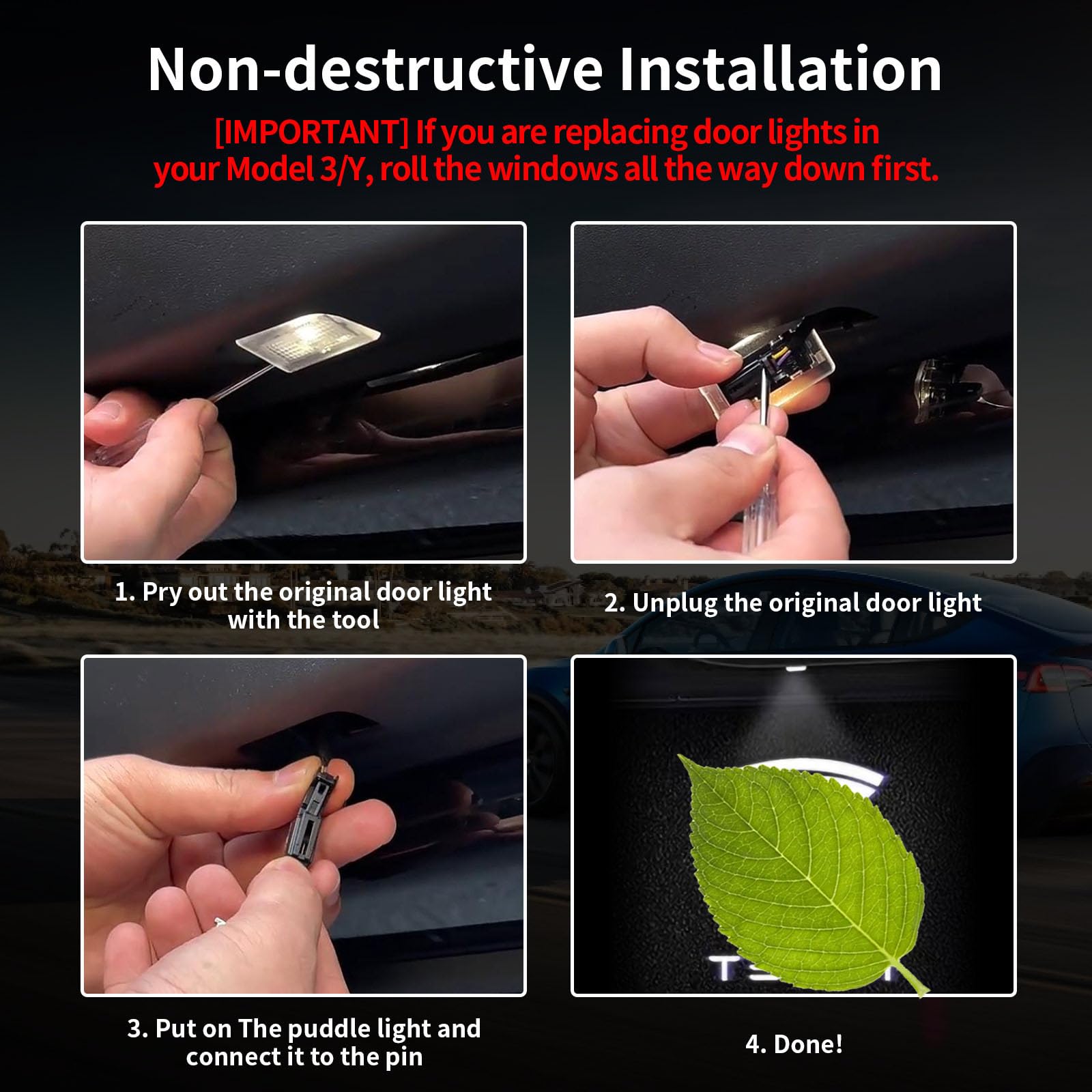 4PCS Upgraded Tesla Puddle Lights - Ultra-Bright LED 3D Laser Ghost Shadow Projector for Model 3/Y/S/X - Waterproof Car Door Logo Lights with Never Fade Welcome Step Courtesy - Easy Plug & Play Installation - Perfect for Nighttime Parking & Luxury Car Customization