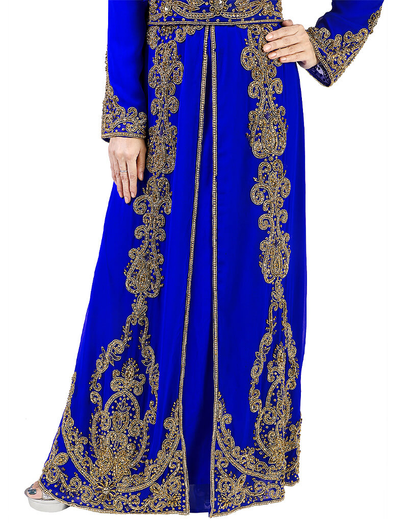 Elegant Arabic Royal Blue Georgette Kaftan with Pearl Embroidery - Perfect for Weddings, Parties & Special Occasions
