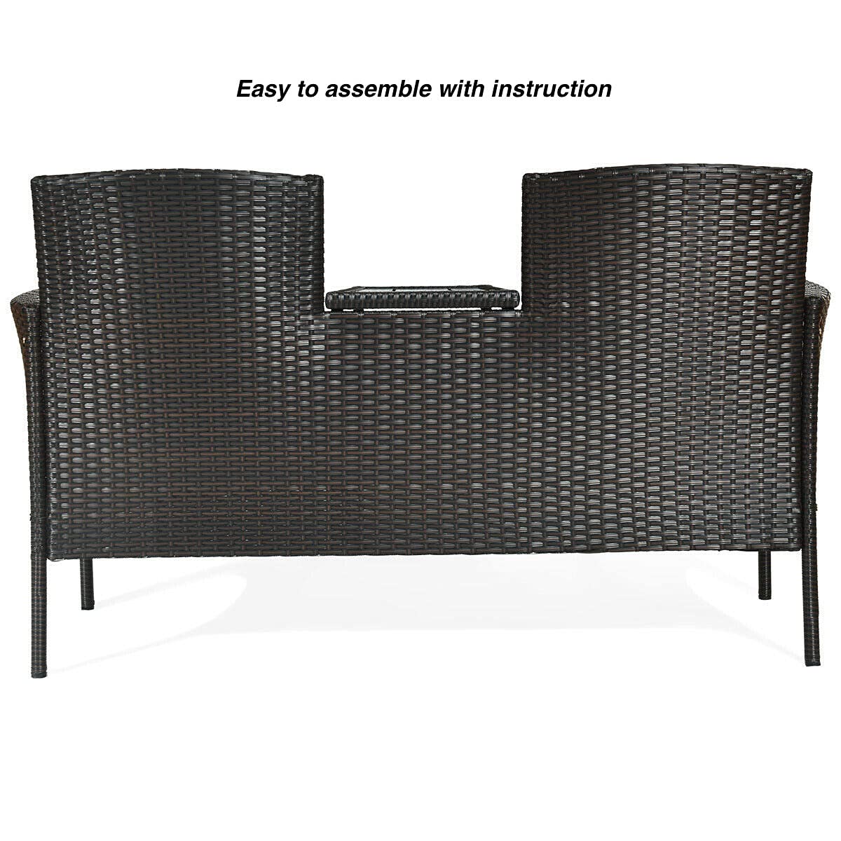 2-Seater Rattan Patio Conversation Set with Plastic Table Top & Blue Cushions - Outdoor Garden, Poolside, Deck Furniture for Relaxing & Socializing