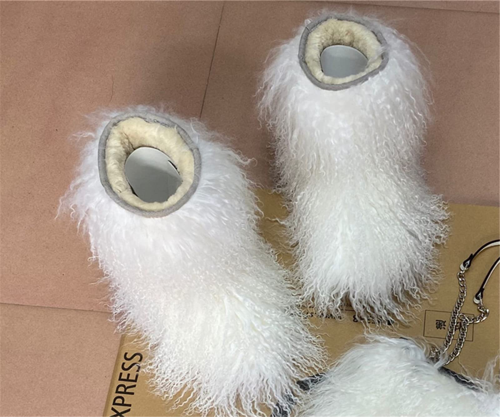 MSD-1 Women's Genuine Mongolian Sheepskin Fur Boots - Long Curly Hair Winter Snow Boots for Ladies & Girls | Warm Fluffy Shearling Booties for Skiing, Outdoor Activities & Christmas Gifts (Size 9, White)