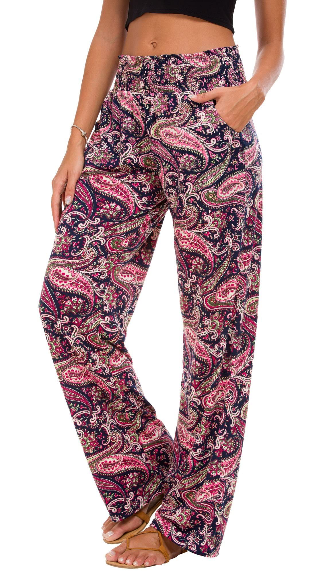 Urban CoCo Women's Boho Palazzo Pants - Wide Leg Beach Lounge Pants with Pockets - High Waisted Comfortable Hippie Pants for Yoga, Travel & Summer Vacation