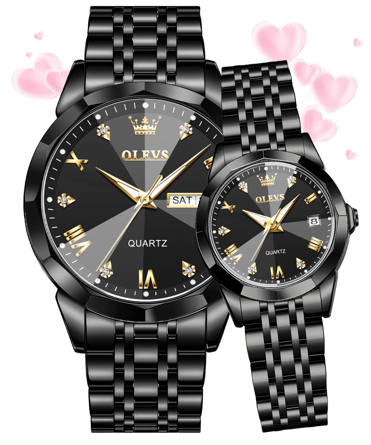 OLEVS His and Her Couple Watches Set - Analog Quartz Business Watches for Men and Women - Stainless Steel Waterproof Luminous Date Wristwatch - Perfect for Anniversaries, Weddings & Romantic Gifts