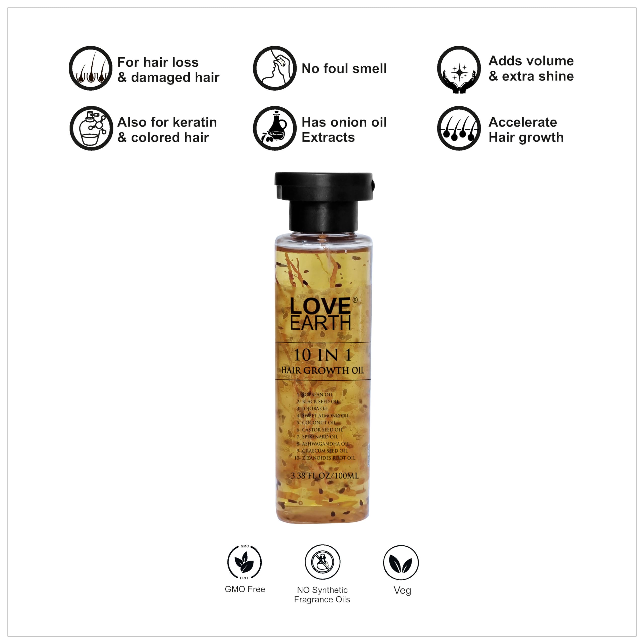 Love Earth 10-in-1 Hair Growth Oil with Soybean, Black Seed, Jojoba, Sweet Almond, Coconut, Castor Seed, Spikenard, Ashwagandha, Graecum Seed & Zizanoides Root Oils - 100ml | Promotes Thicker, Longer Hair Growth for Men & Women | Perfect for Daily Scalp Massage & Nighttime Hair Care Routine