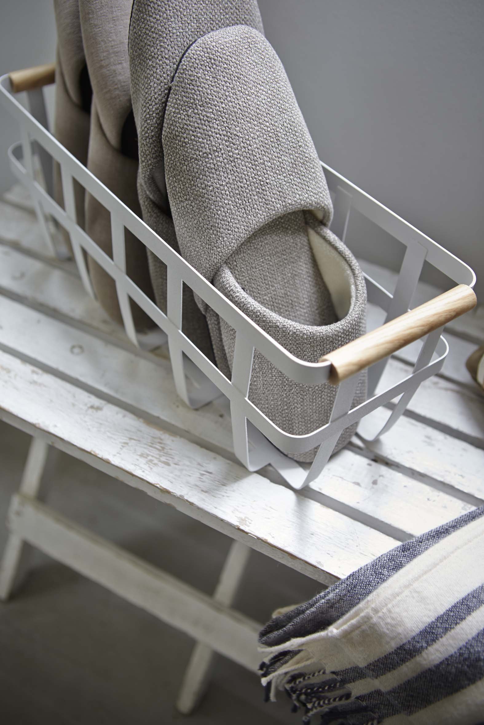 Yamazaki Home Storage Basket with Wooden Handle - Small White Steel & Wood Organizer Bin for Kitchen, Bathroom, or Office Organization