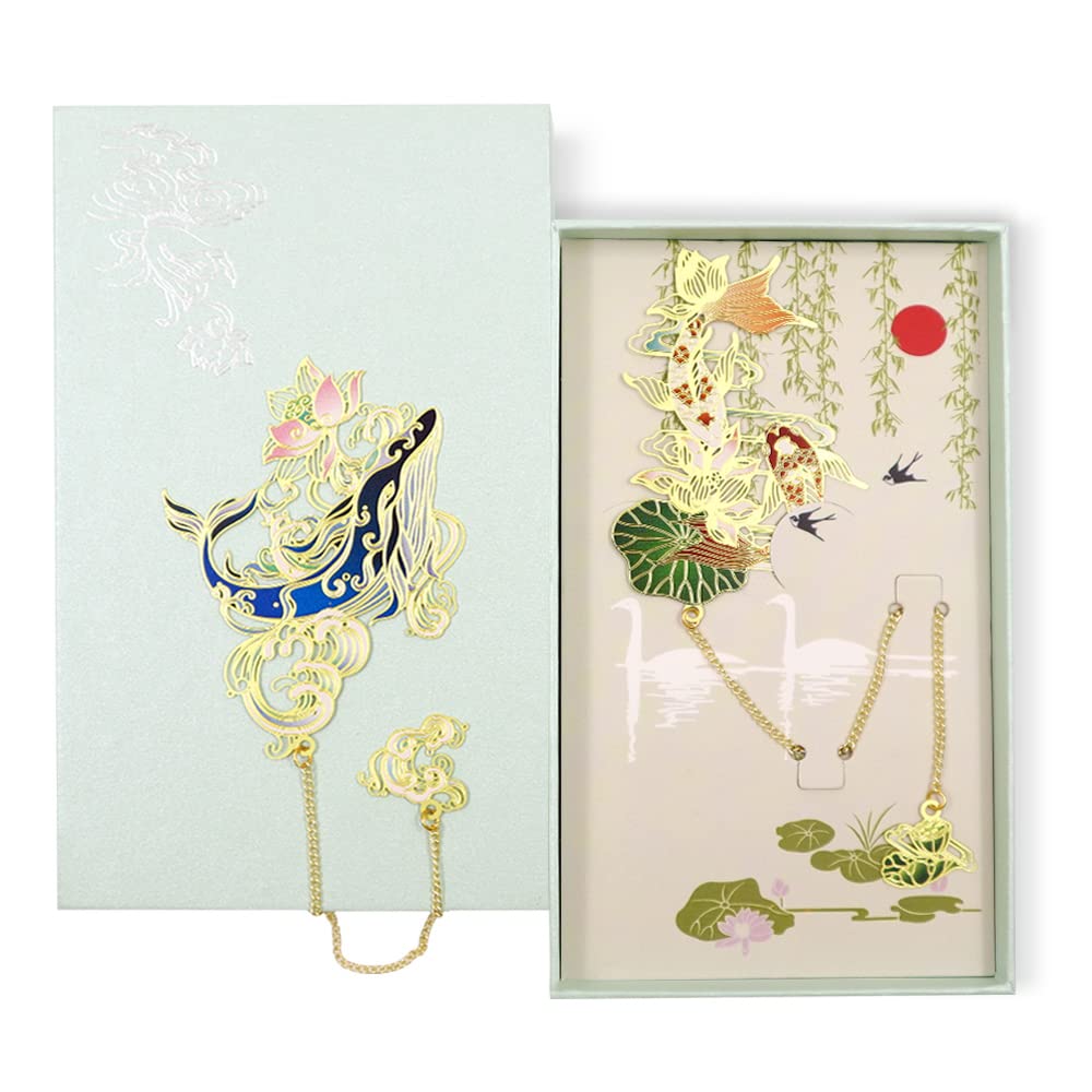 2 Pack Vintage Hollow Brass Bookmarks with Exquisite Gift Box - Colorful Metal Pendant Bookmarks for Readers, Students & Book Lovers (Style A+B) - Perfect for Reading, Gifts, Book Clubs & Study Sessions