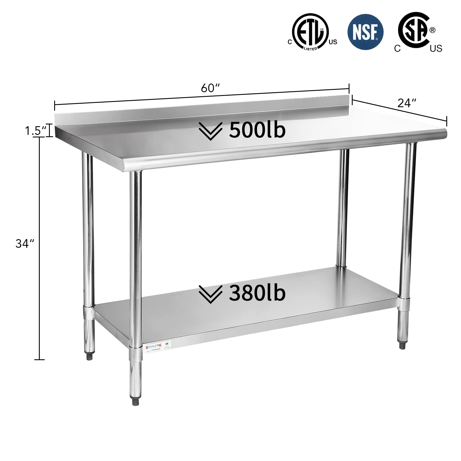 STABLEINK NSF Certified Stainless Steel Commercial Work Table 24x60 Inches - Heavy Duty Metal Prep Table with Backsplash, Adjustable Undershelf & Leveling Feet - Perfect for Restaurant Kitchen, Food Prep, Butcher Shop & Commercial Cooking Areas