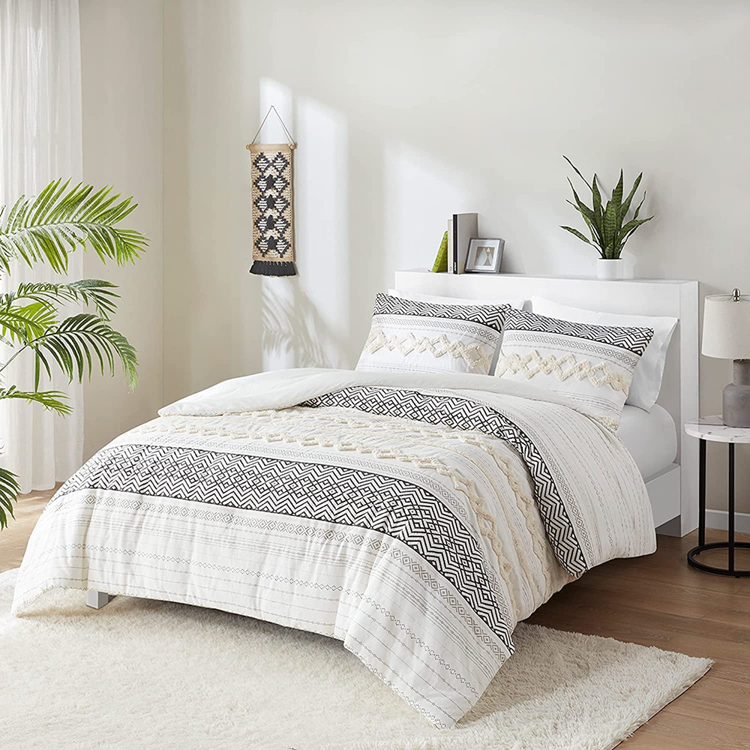 Hyde Lane Farmhouse King Size Comforter Set - Ivory Boho Bedding, 100% Cotton Top with Modern Neutral Jacquard Stripes, 3-Piece Includes Pillow Shams (104x90 Inches) | Cozy Farmhouse Bedroom Decor for Master Bedroom & Guest Room