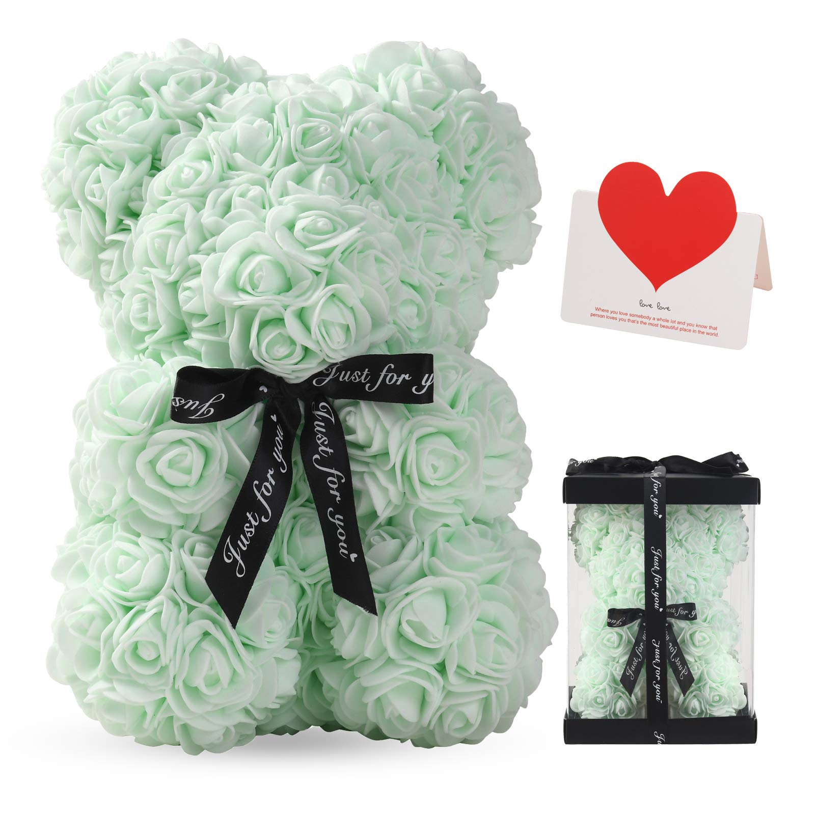 10 Inch LINKLO Rose Bear - Artificial Rose Flower Teddy Bear, Wedding Gift, Mother's Day & Anniversary Present with Transparent Gift Box (Light Blue) - Perfect for Romantic Surprises, Valentine's Day & Birthday Decorations