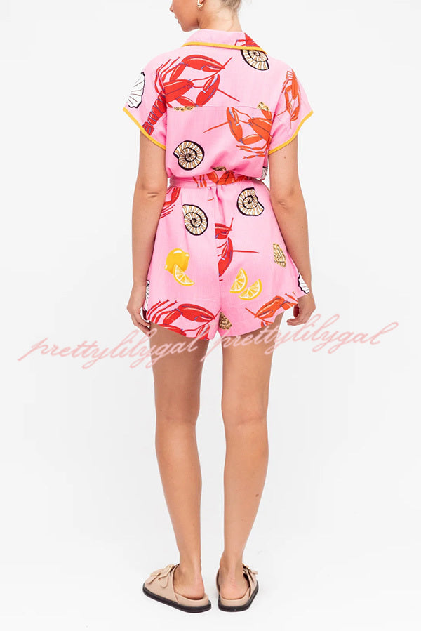 Stylish Printed Short Sleeve Waist Tie Pocket Romper for Women - Perfect for Summer Outings, Beach Vacations & Casual Wear