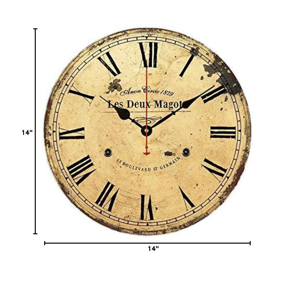 Moonluna Les Deux Magots Wall Clock - 14 Inch Rustic Wooden Battery Operated Clock with Decorative Design for Living Room, Bedroom & Office Decor