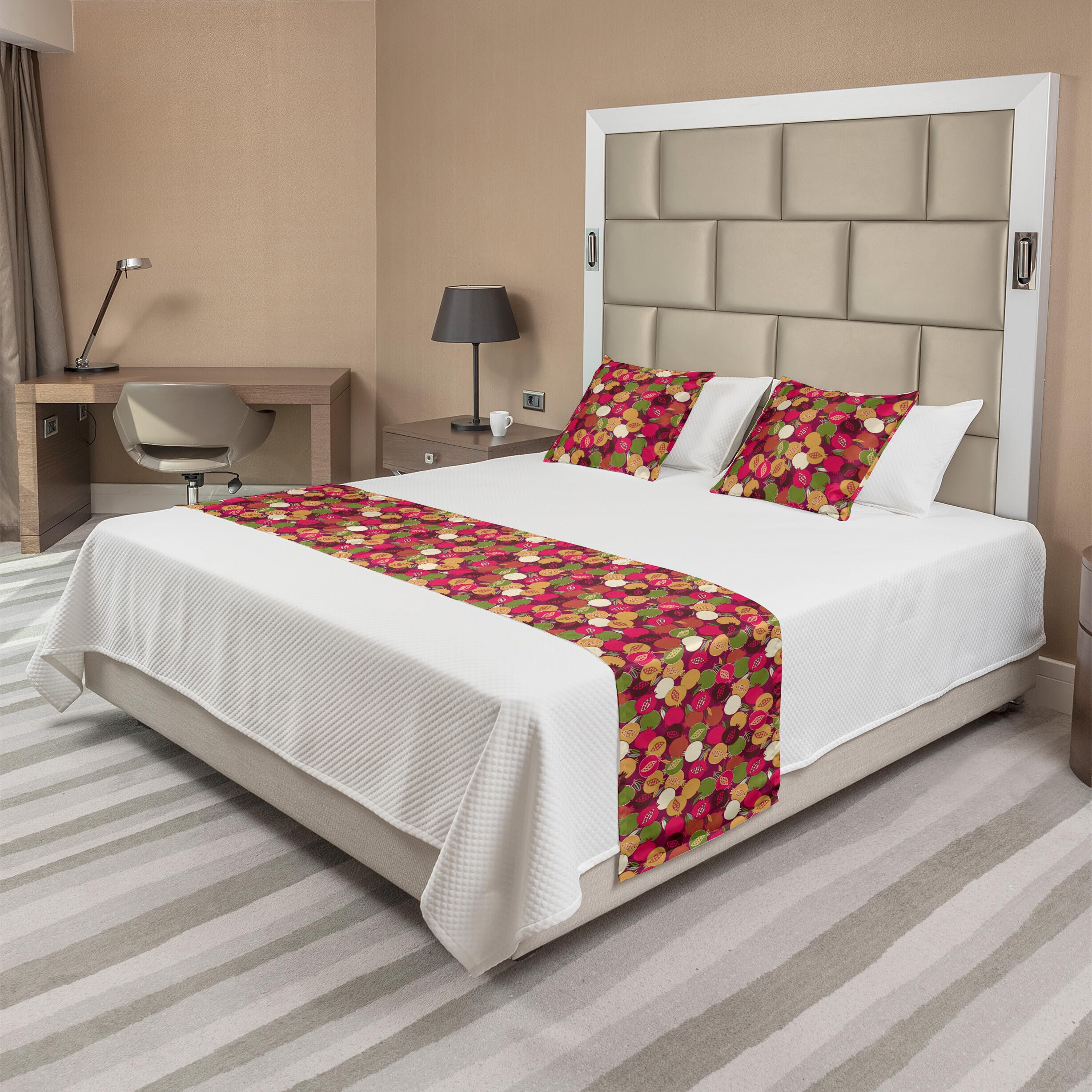 Ambesonne Fruit Bed Runner Set with Pomegranate Print - Queen Size Dark Magenta Multicolor Decorative Bed Scarf & 2 Pillow Shams for Home & Hotel Decor | Antioxidant-Themed Bedding for Modern Bedrooms & Guest Rooms