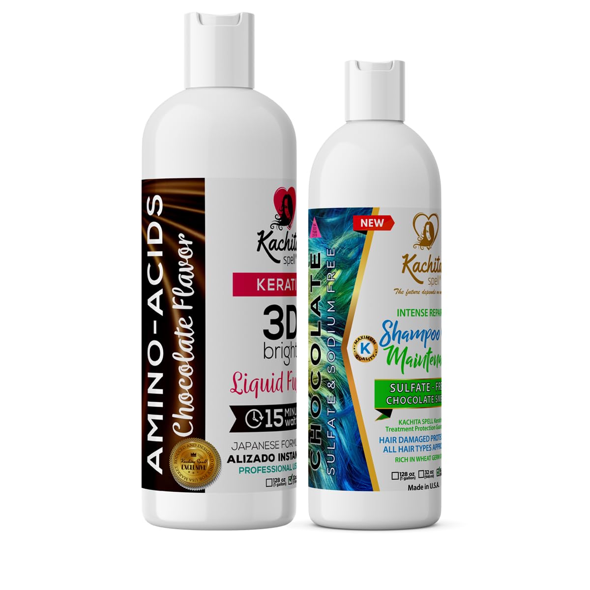 Brazilian Keratin Hair Straightening Treatment Kit - 3D Improved Formula for High Shine & Smooth Hair with Kachita Spell + Maintenance Shampoo & Conditioner | Professional Salon-Quality Results at Home