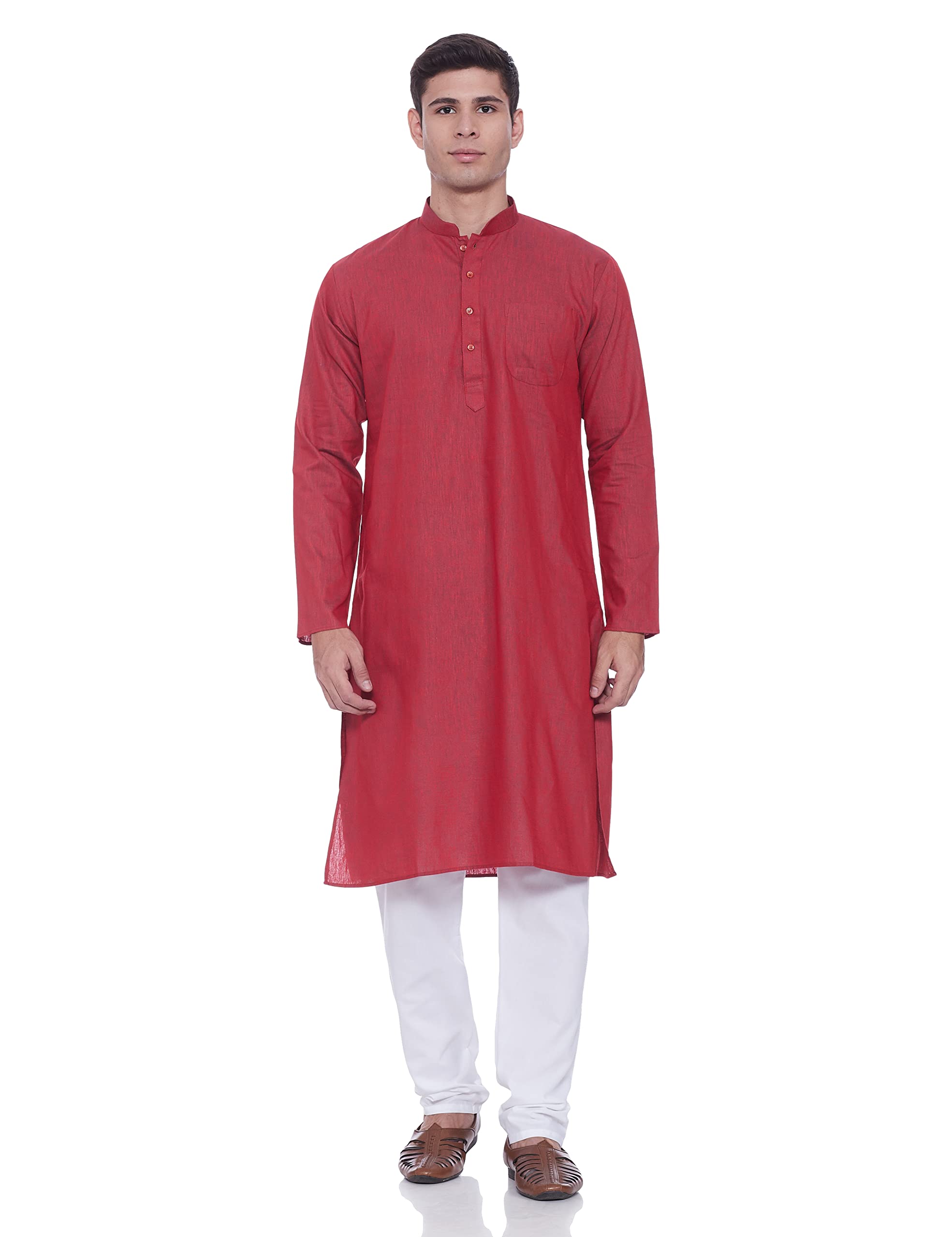 Exotic India Plain Cotton Kurta with White Pajama Set - Comfortable Traditional Indian Outfit for Men - Perfect for Festivals, Weddings & Casual Wear