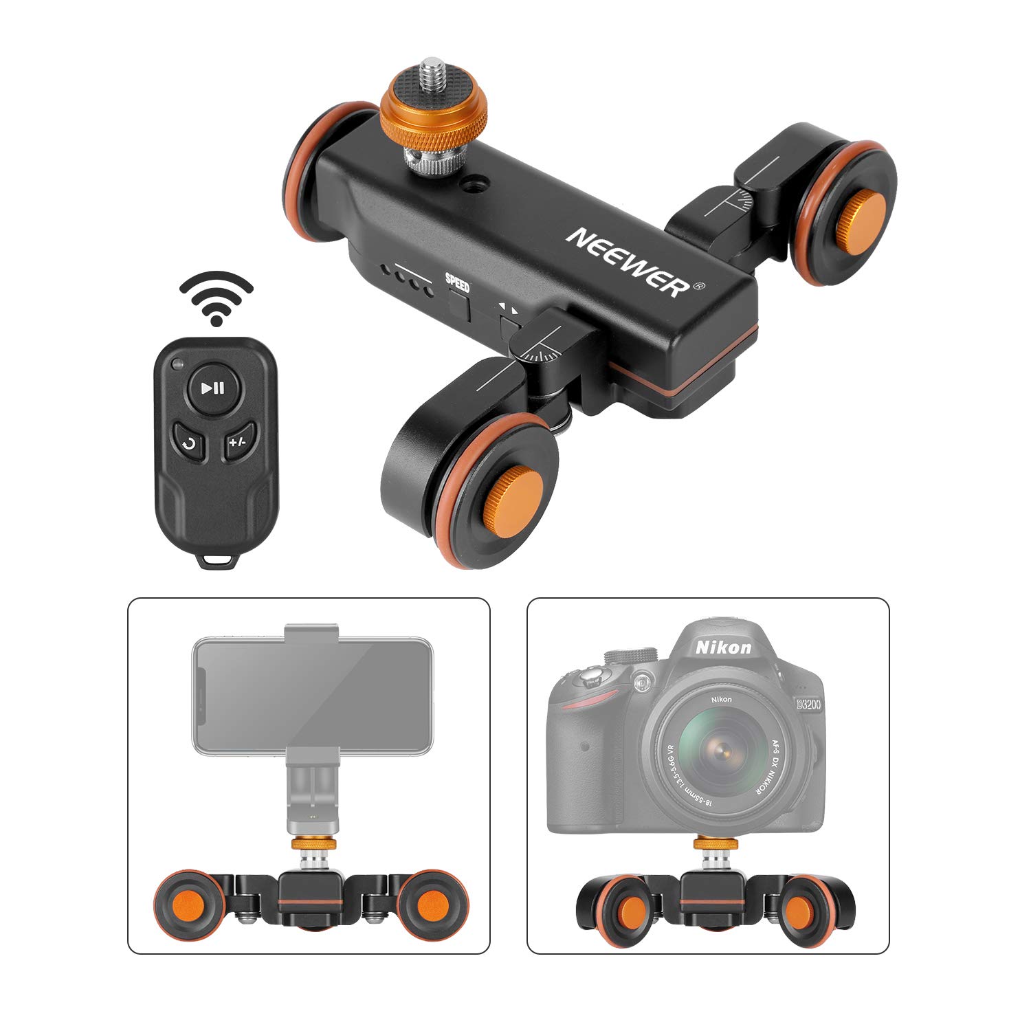 Neewer 3-Wheel Wireless Motorized Camera Dolly with Remote Control - 3-Speed Electric Track Slider for DSLR, Camcorder, GoPro, iPhone & Android Smartphones - Perfect for Smooth Video Shoots, Vlogging & Film Making