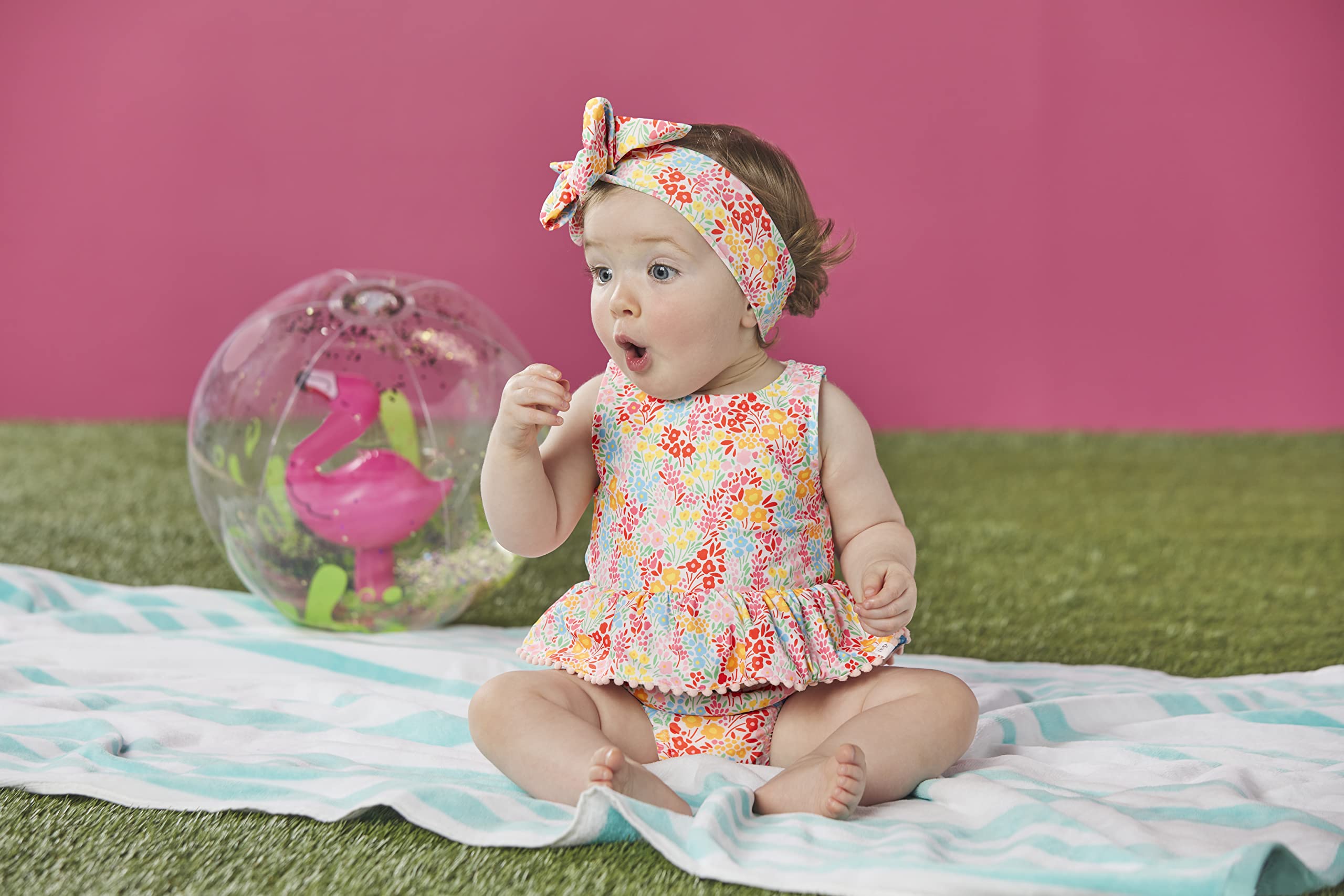 Mud Pie Girls Reversible Swimsuit & Headband Set | 2-in-1 Bathing Suit for Toddler Girls | UV Protection Swimwear for Beach, Pool & Summer Activities