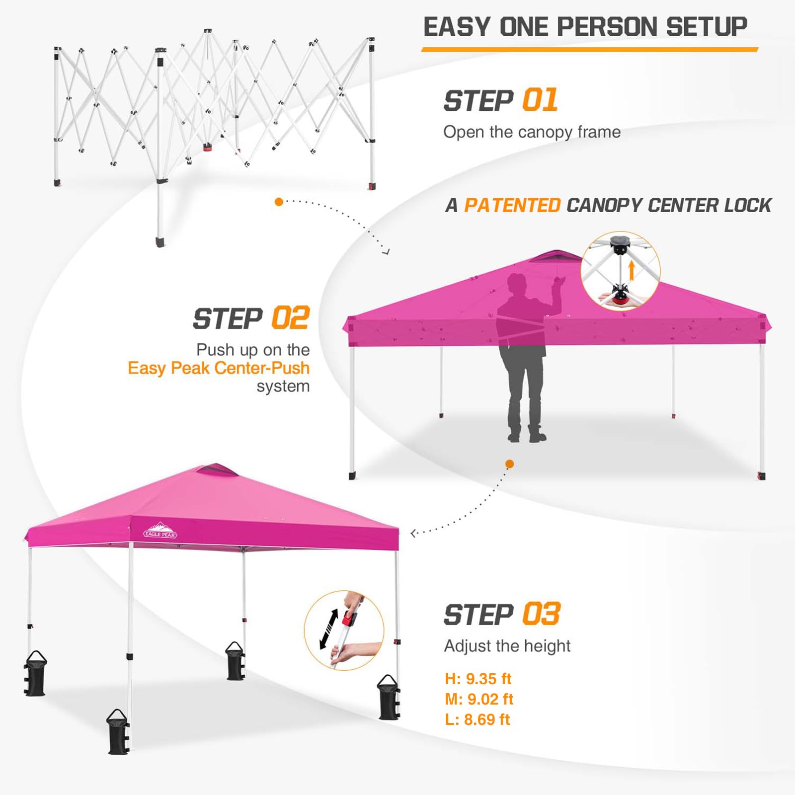 EAGLE PEAK 10x10 ft Pop Up Canopy Tent with Wheeled Carry Bag - Portable Instant Shelter for Outdoor Events, Beach, Camping & Backyard - Includes 8 Stakes, 4 Ropes & 4 Weight Bags - Easy Setup Pink Shade Canopy (100 sq ft Coverage)