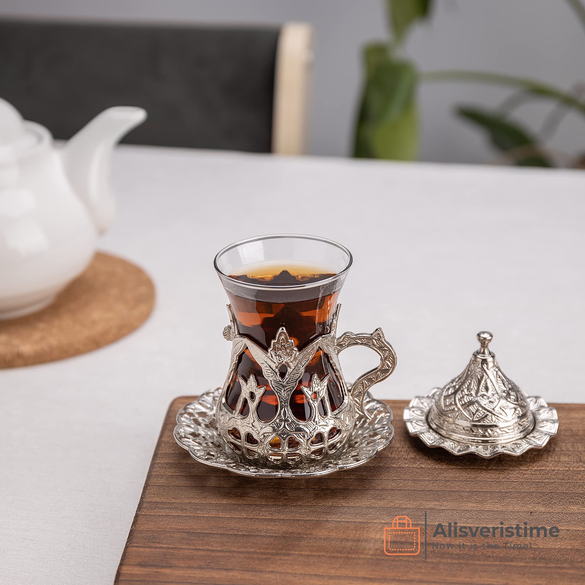 Handmade Turkish Tea Set of 6 - Silver Zamzam Glasses with Saucers - Traditional Middle Eastern Tea Serving Set for Home, Restaurant & Gift Giving