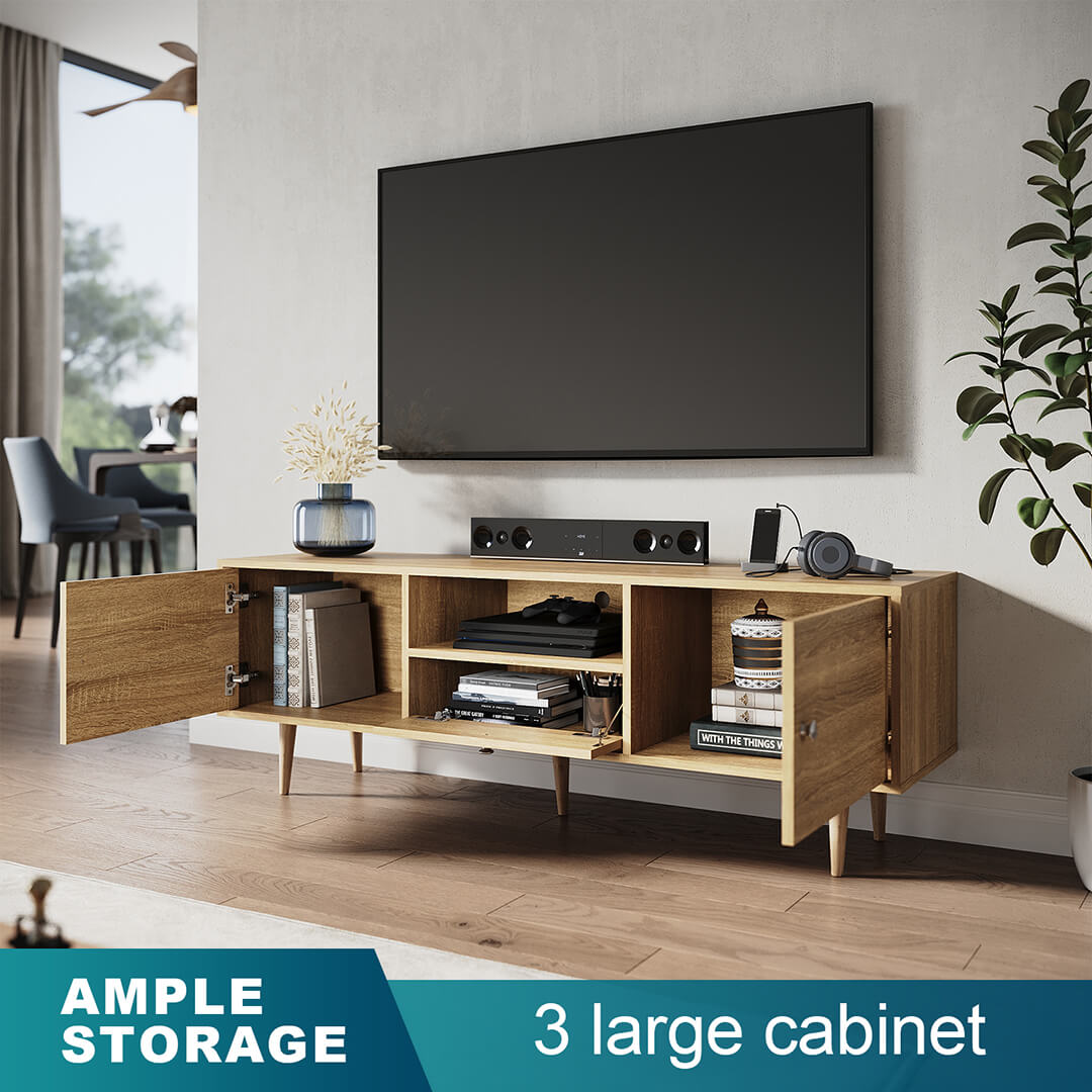1400mm TV Stand with Storage Drawers - Natural Wood Entertainment Center for Living Room, Bedroom & Home Theater Organization