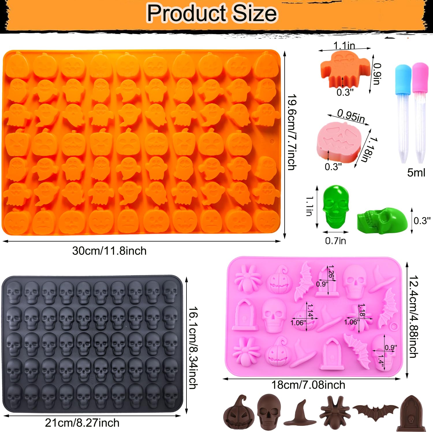 3 Pack Halloween Candy Silicone Molds - 145 Cavity Mini Pumpkin, Ghost, Skull & Spider Witch Hat Chocolate Molds with 2 Droppers | Perfect for DIY Gummy, Chocolate & Candy Making at Home, Parties & Halloween Treats