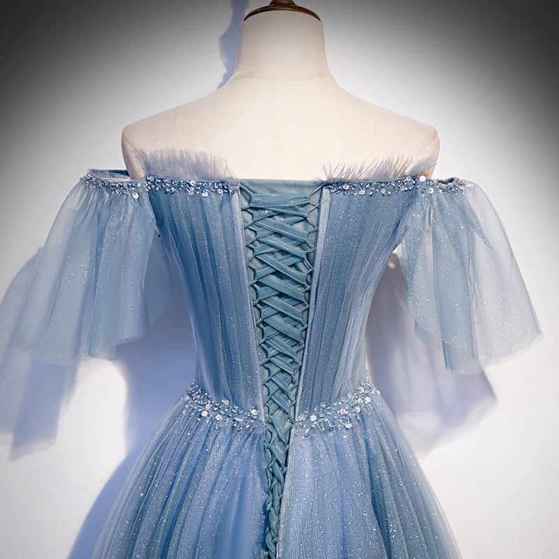 Elegant Off Shoulder Blue A-Line Tulle Prom Dress - Shiny Formal Evening Gown for Homecoming, Wedding & Special Occasions - Style 640