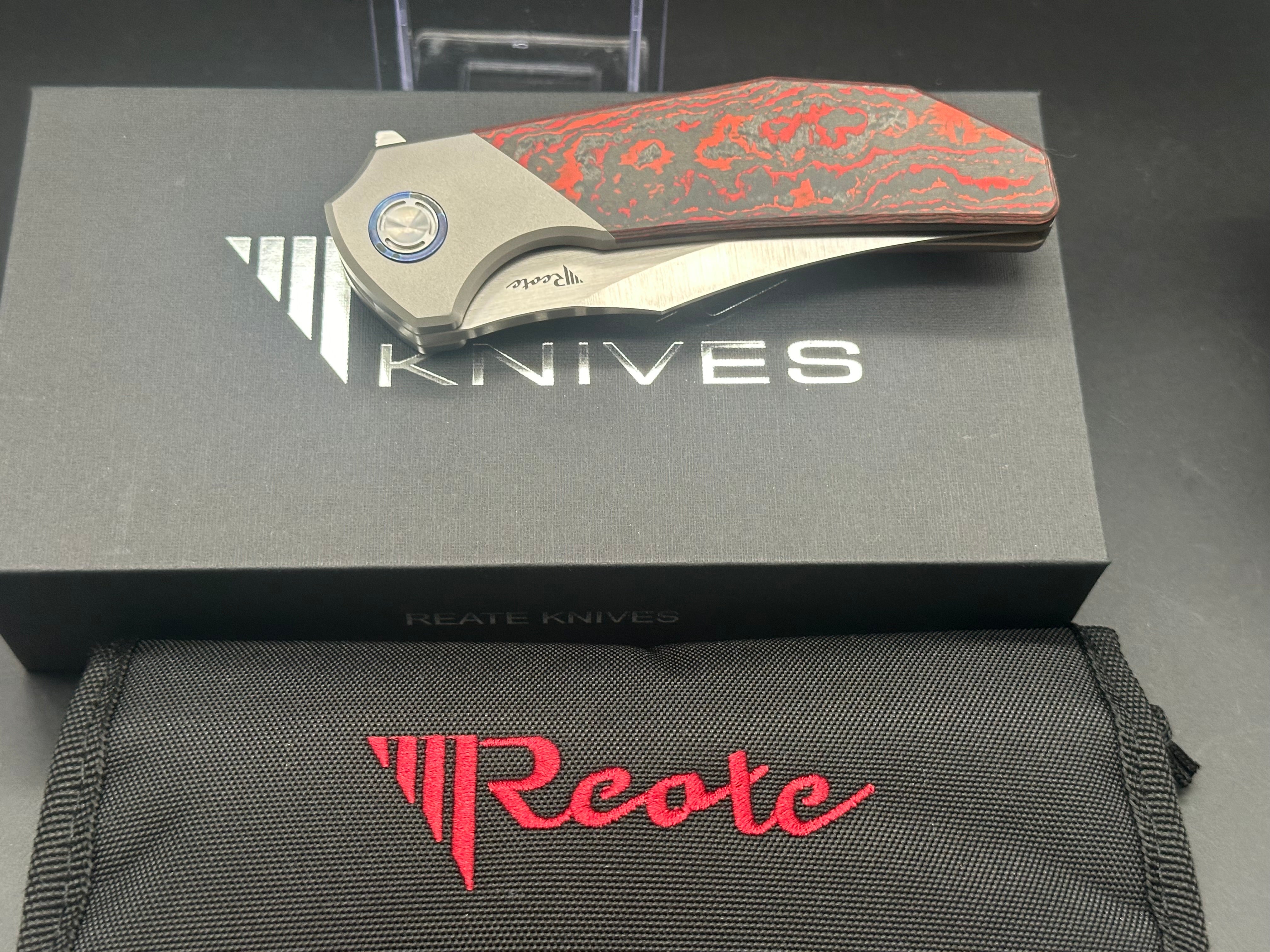 REATE KNIVES TIGER LAVA FLOW Folding Pocket Knife - M390 Steel Plain Edge Blade, Fat Carbon Fiber Handle, Belt Satin Finish | EDC, Outdoor Survival, Camping, Hunting Gear