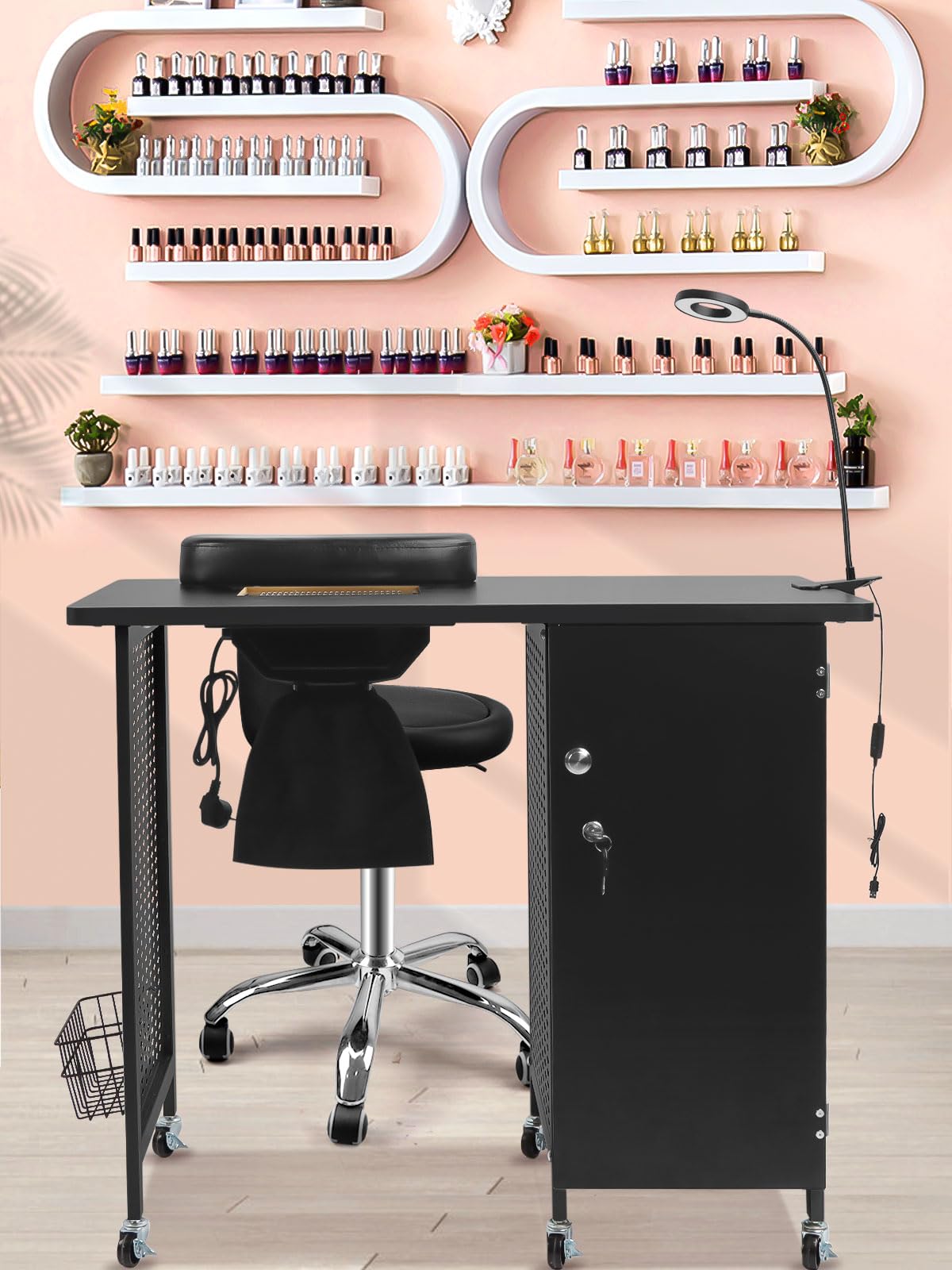 **Kalolary Professional Manicure Nail Table with Dust Collector – Portable Nail Salon Station with 4 Drawers, LED Lights & Wrist Rest – Ideal for Home, Spa, Beauty Salon & Mobile Nail Technicians (Black)**    *Perfect for manicures, pedicures, nail art, and professional salon services!*