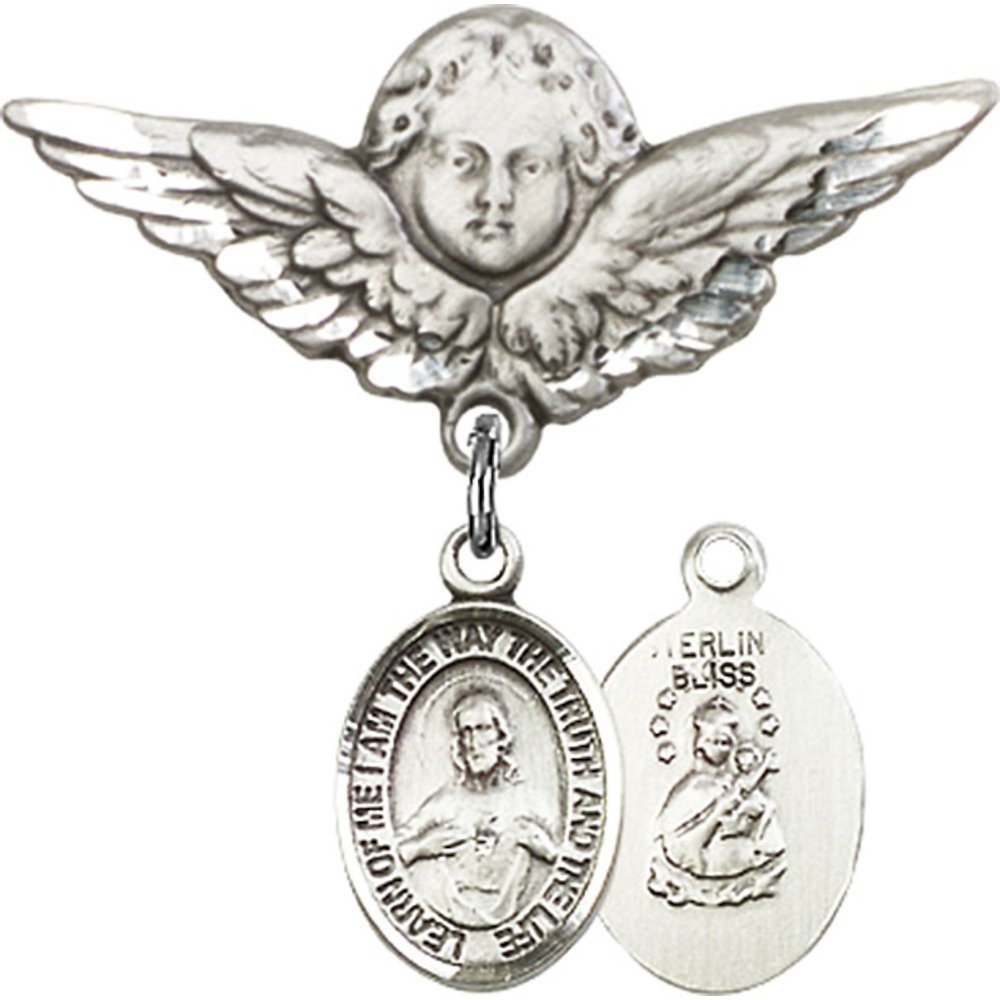 Sterling Silver Baby Badge with Scapular Charm & Angel Wing Pin - 1 1/8 X 1 1/8 Inch Religious Jewelry for Baptism, Christening & First Communion Gifts
