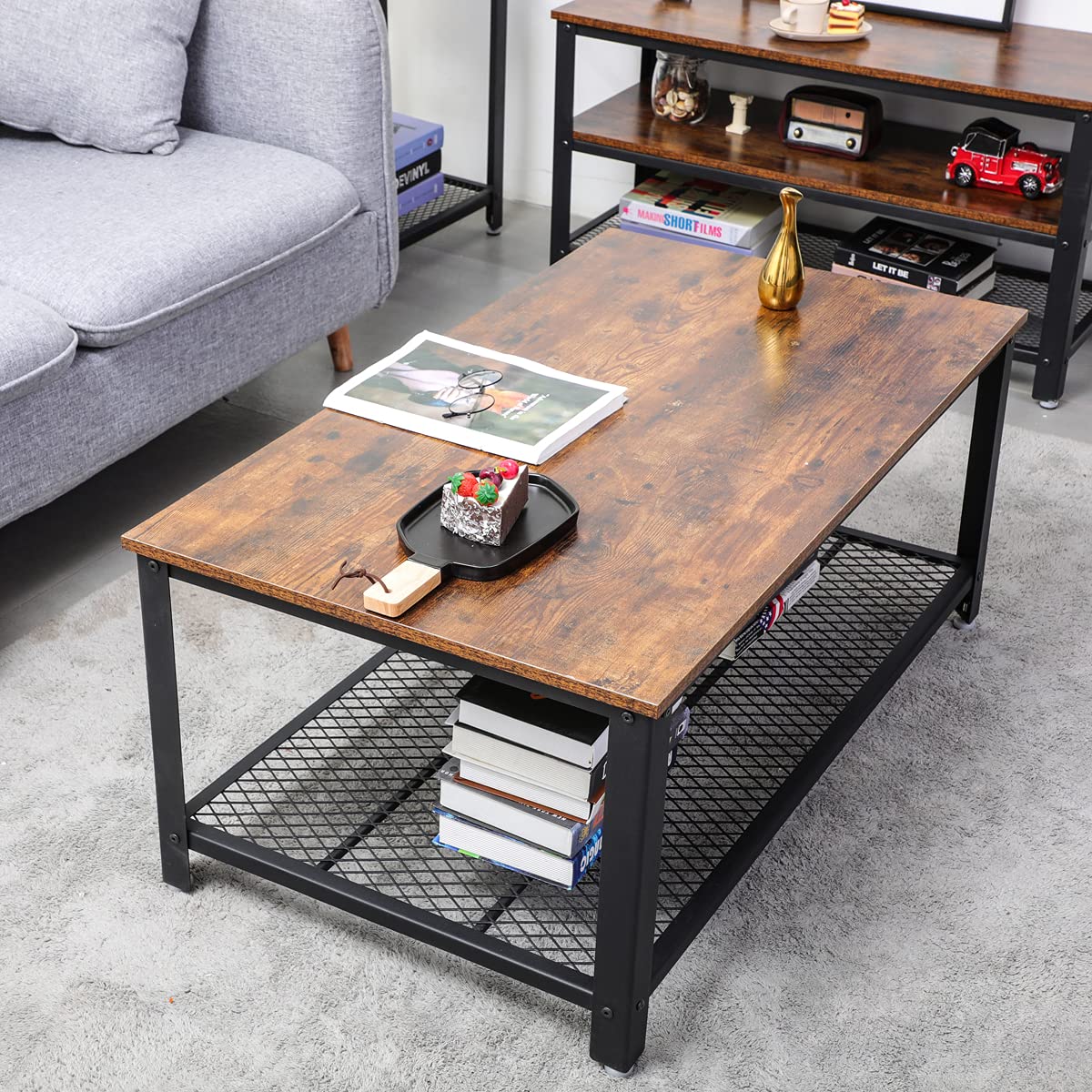 Rustic Brown Industrial Coffee Table with Storage Shelf - Wood Look Metal Frame Accent Furniture for Living Room, Easy Assembly - Perfect for Small Spaces, Modern Farmhouse & Apartment Decor