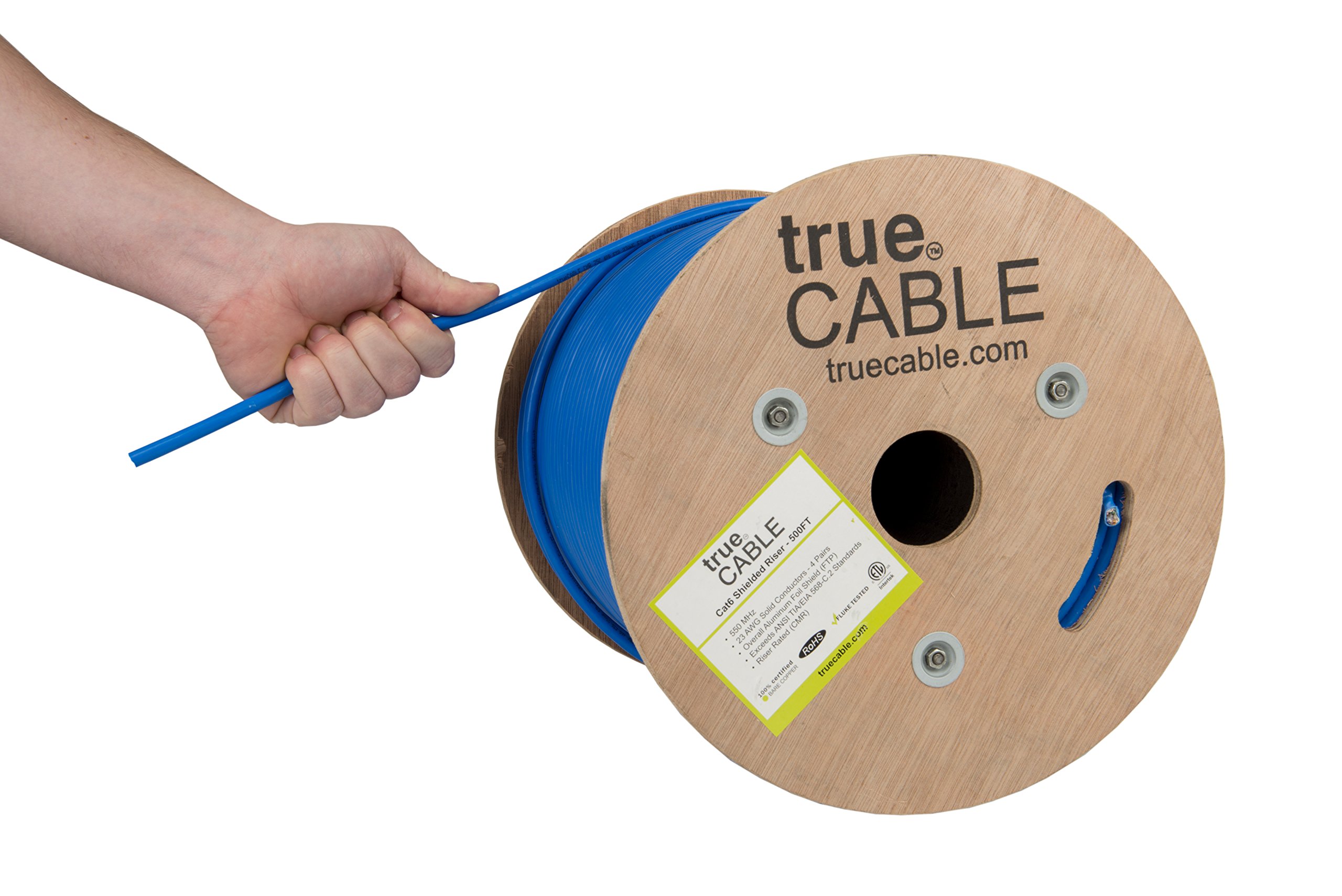 TrueCABLE Cat6 Shielded Riser (CMR) 500ft Blue Ethernet Cable - 23AWG Solid Bare Copper, 550MHz, PoE++ (4PPoE) - ETL Listed F/UTP Bulk Cable for Office Networking, Data Centers & Home Theater Installations