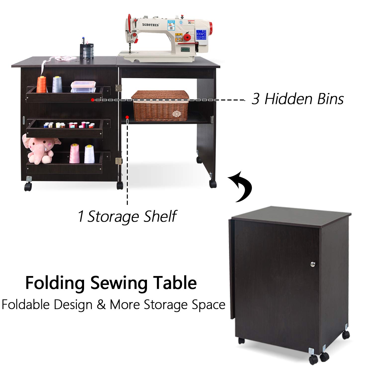 Usinso Folding Sewing Table with Storage Shelves - Portable Rolling Sewing Machine Cart, Multifunctional Craft Cabinet & Computer Desk with Lockable Casters (Dark Brown) - Perfect for Home Sewing Projects, Quilting, and DIY Craft Workspaces