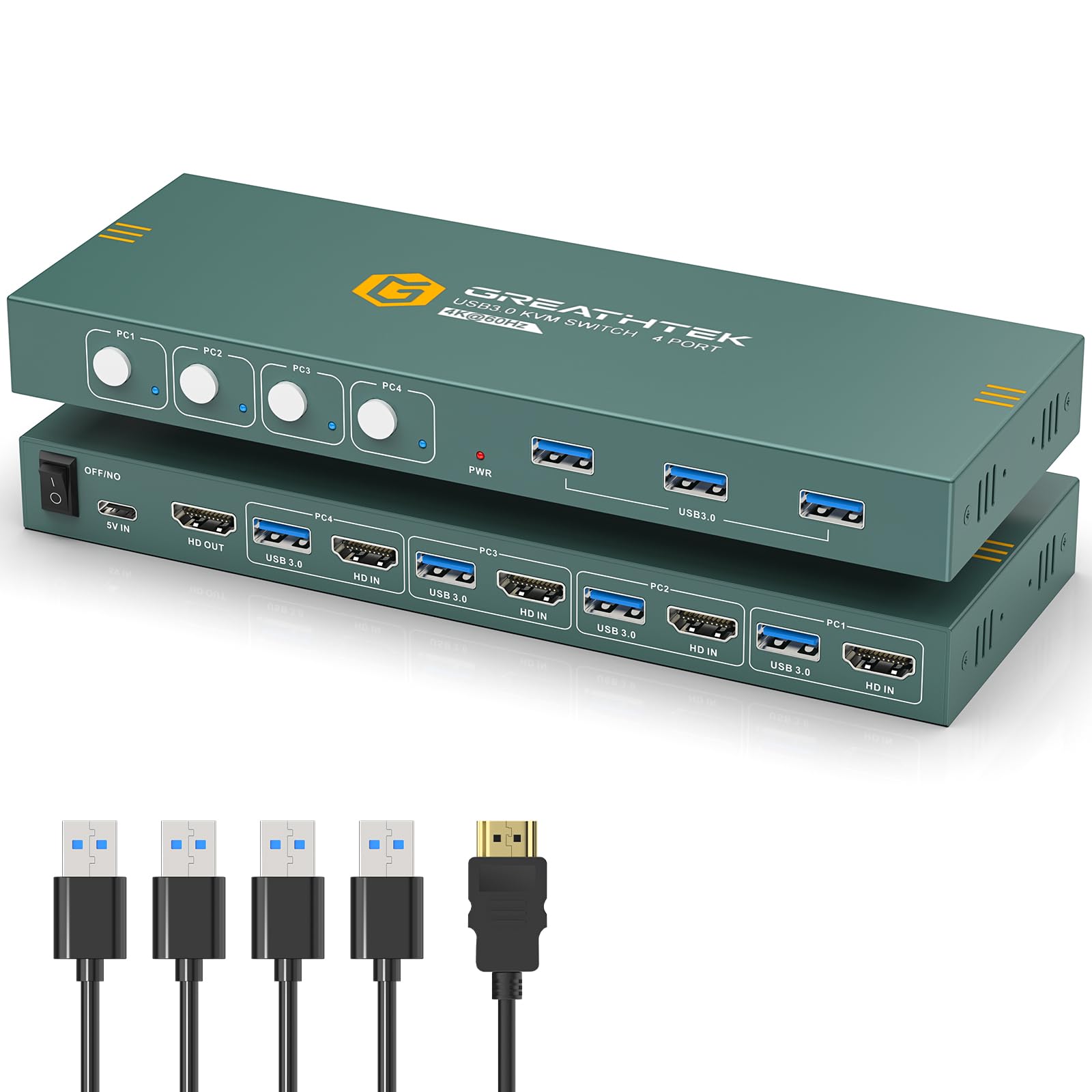 GREATHTEK 4 Port HDMI KVM Switch for 4 Computers 1 Monitor - 4K@60Hz, USB 3.0 Hub, Includes 1 HDMI & 4 USB Cables - Perfect for Home Office, Gaming Setup & Multi-PC Workstations